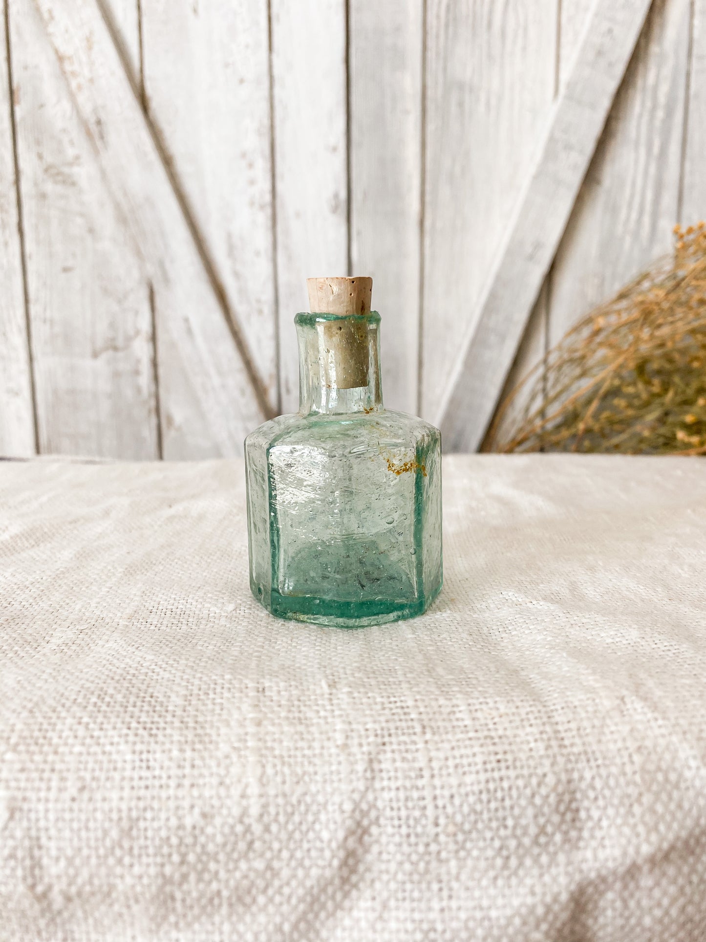 Antique Green Glass Octagonal English Inkwell with Blown Top