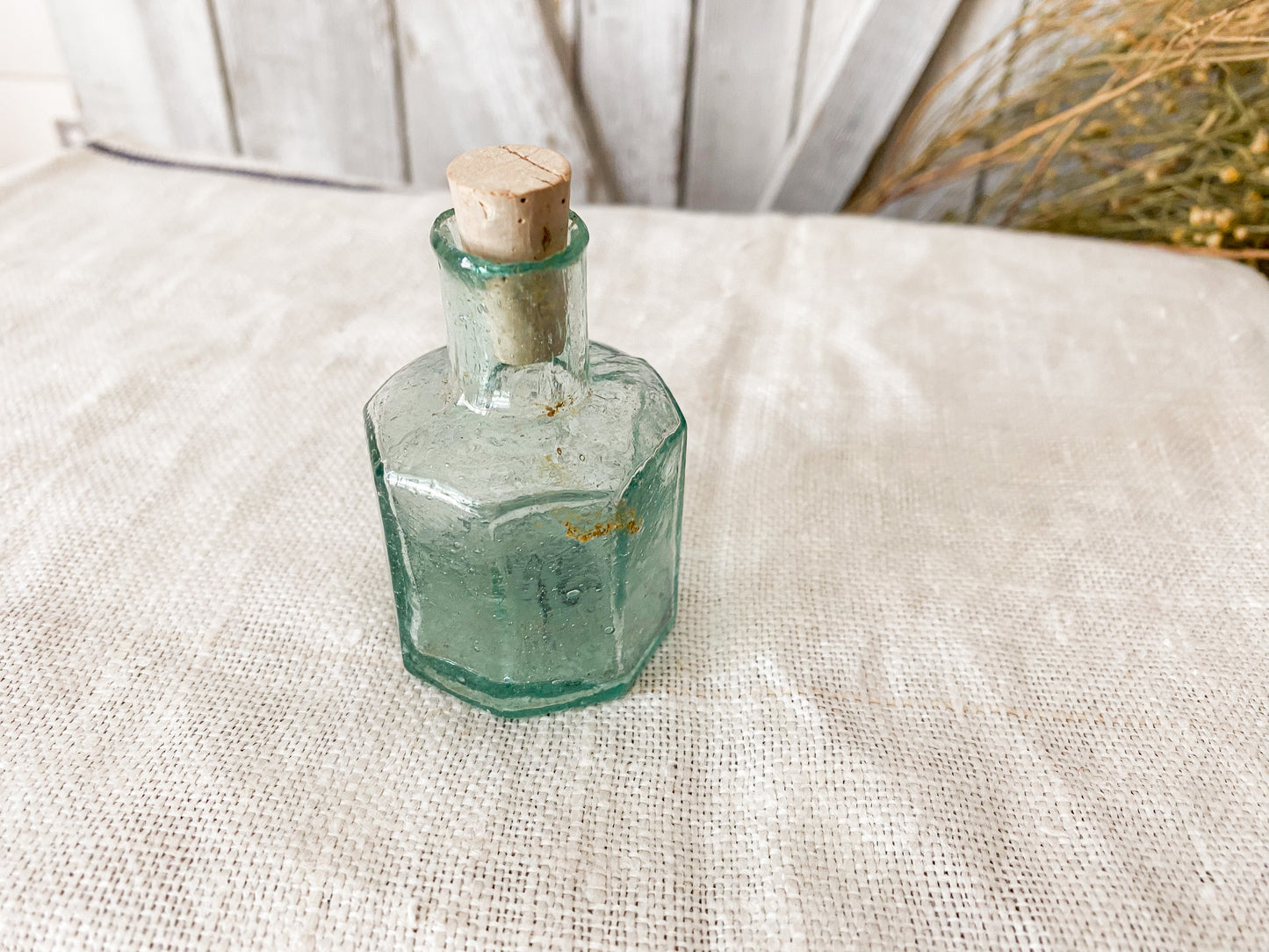 Antique Green Glass Octagonal English Inkwell with Blown Top