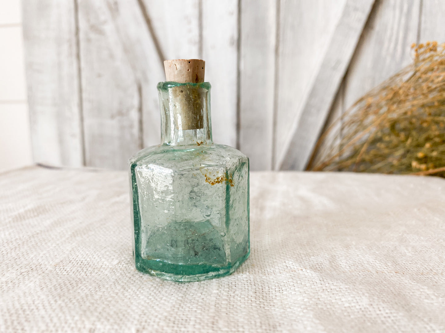 Antique Green Glass Octagonal English Inkwell with Blown Top