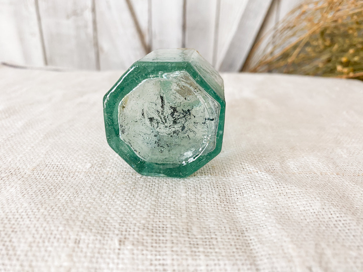 Antique Green Glass Octagonal English Inkwell with Blown Top