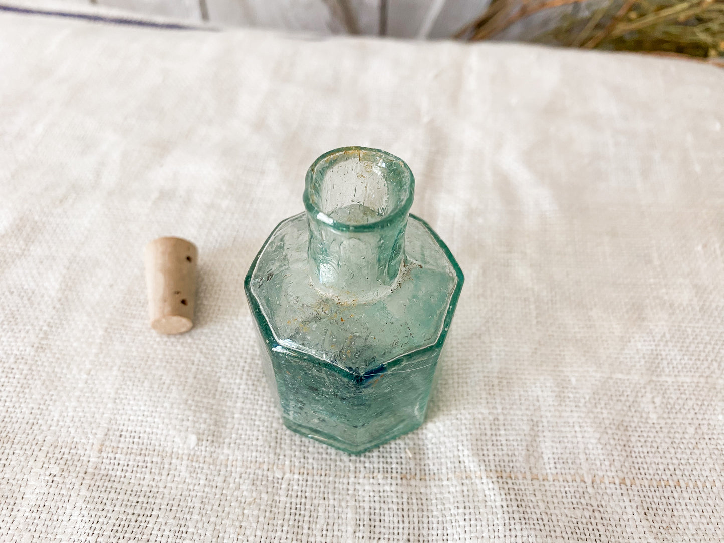 Antique Green Glass Octagonal English Inkwell with Blown Top