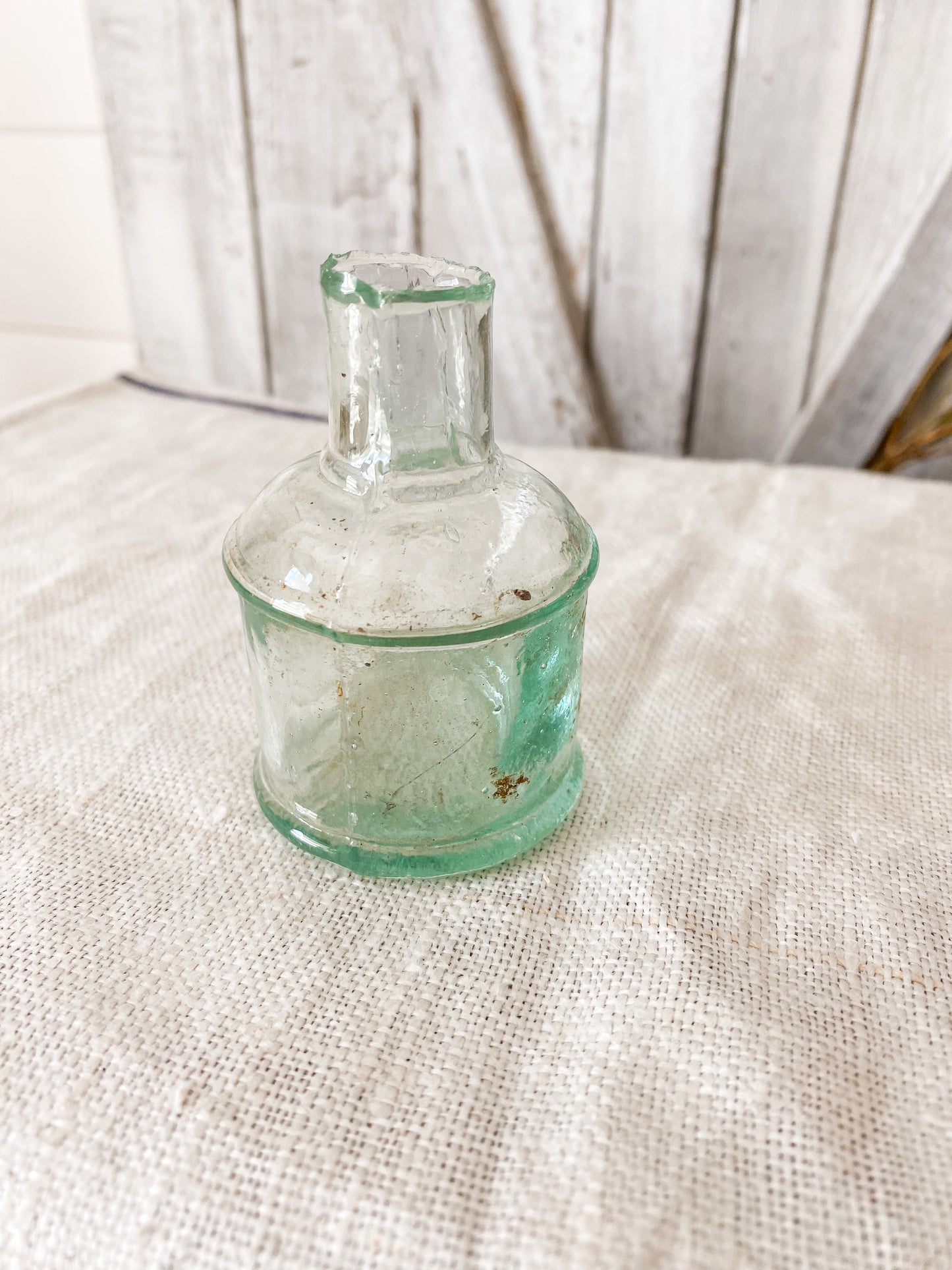 Antique Green Glass Round English Inkwell with Blown Top
