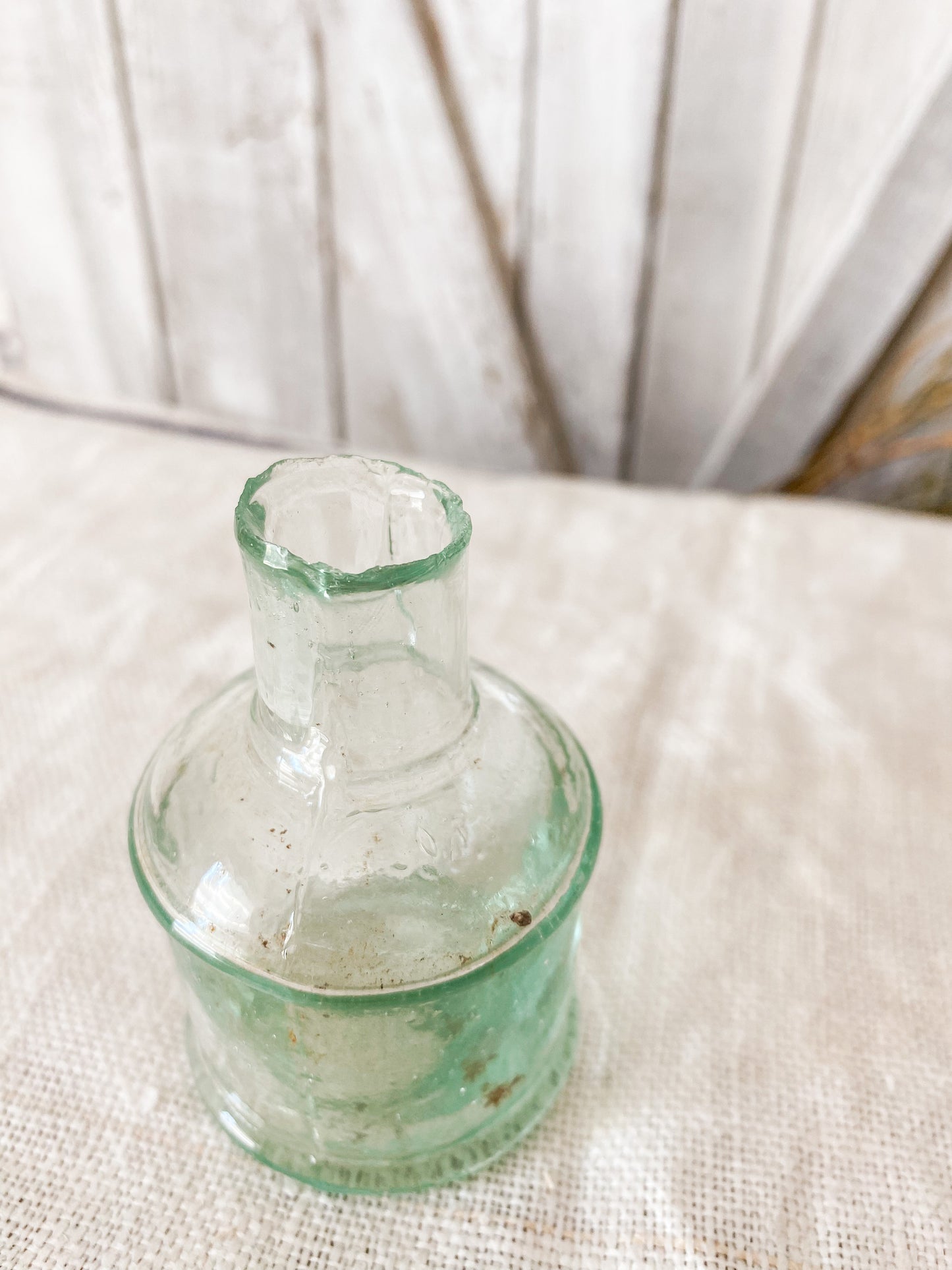 Antique Green Glass Round English Inkwell with Blown Top