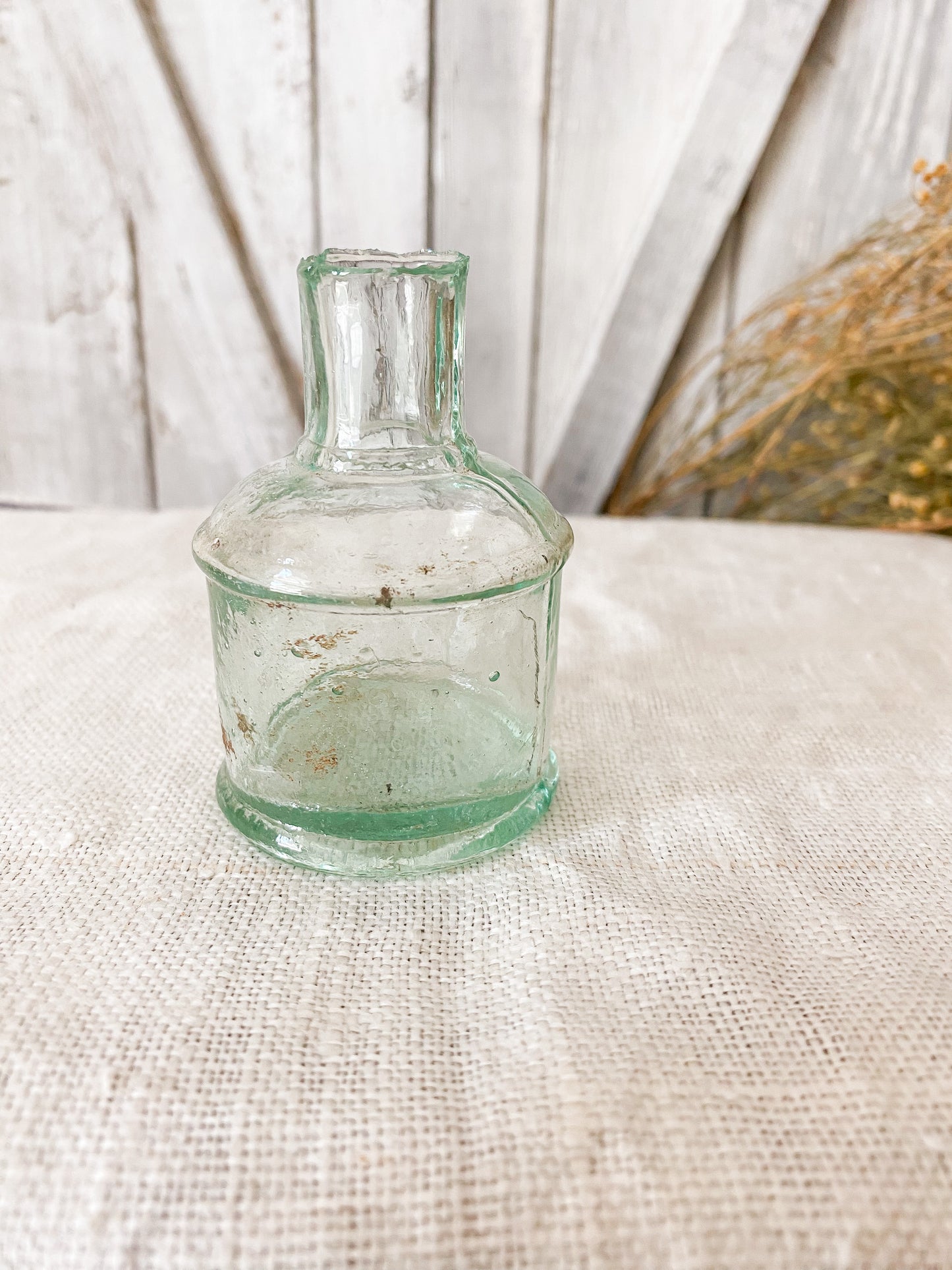 Antique Green Glass Round English Inkwell with Blown Top