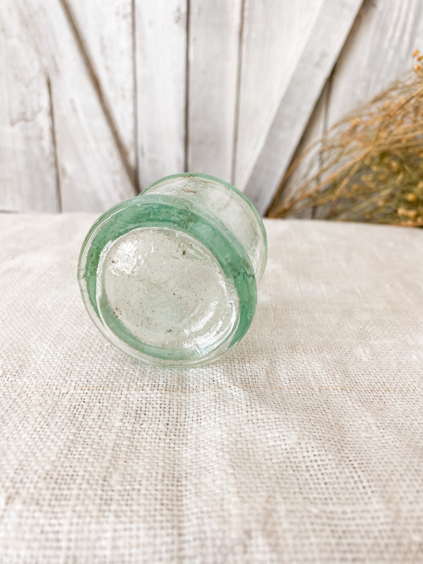 Antique Green Glass Round English Inkwell with Blown Top