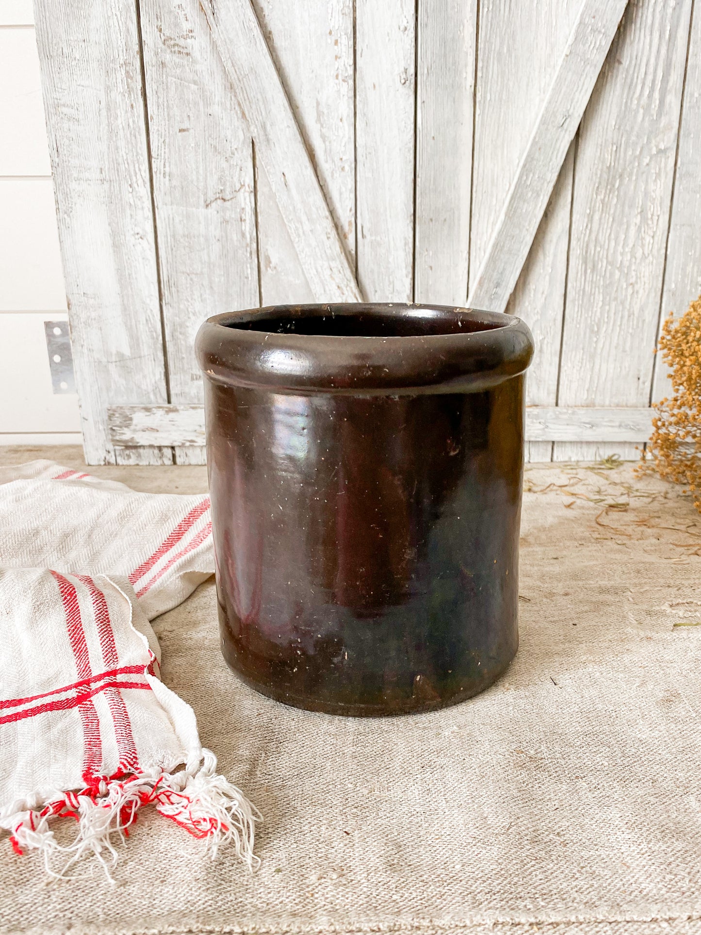 Vintage Brown Glaze Stoneware Crock Jar | Modern Farmhouse Decor