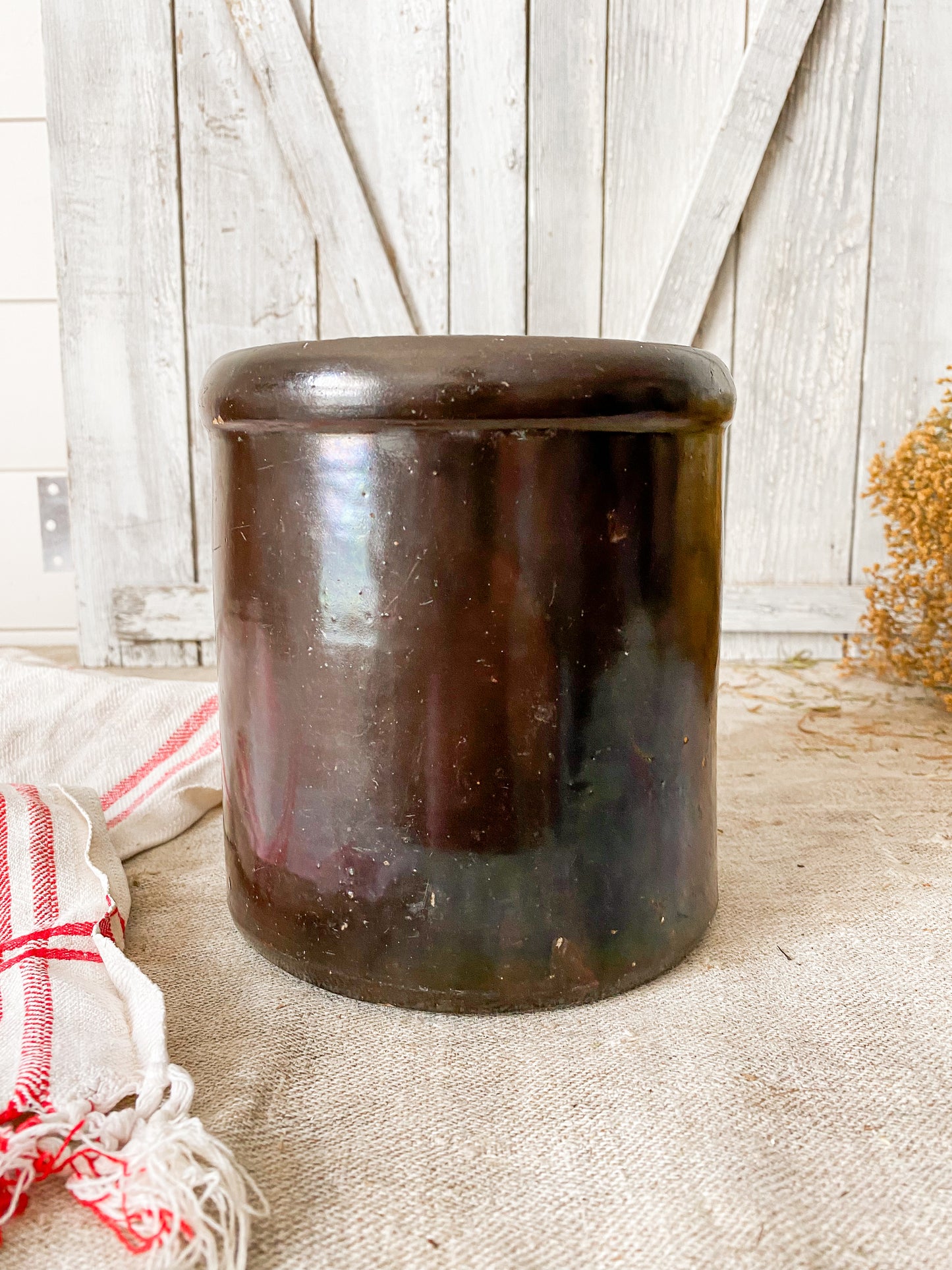 Vintage Brown Glaze Stoneware Crock Jar | Modern Farmhouse Decor
