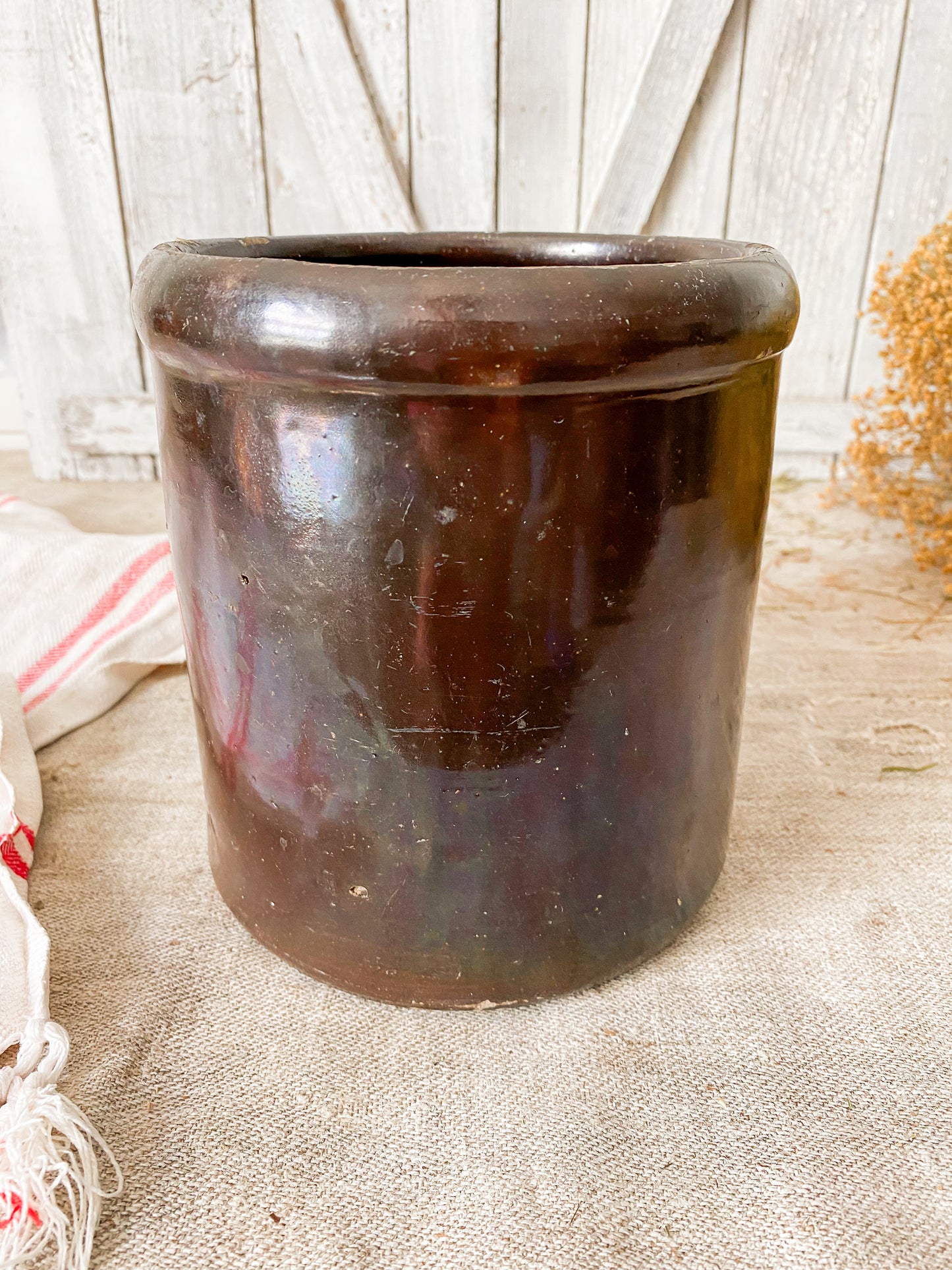 Vintage Brown Glaze Stoneware Crock Jar | Modern Farmhouse Decor