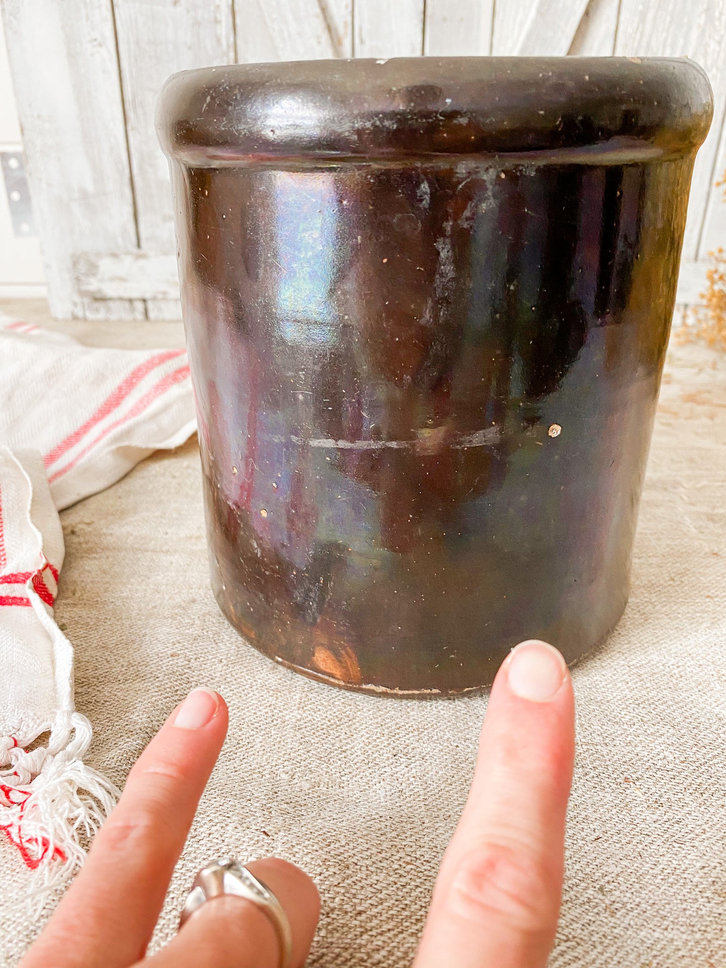 Vintage Brown Glaze Stoneware Crock Jar | Modern Farmhouse Decor