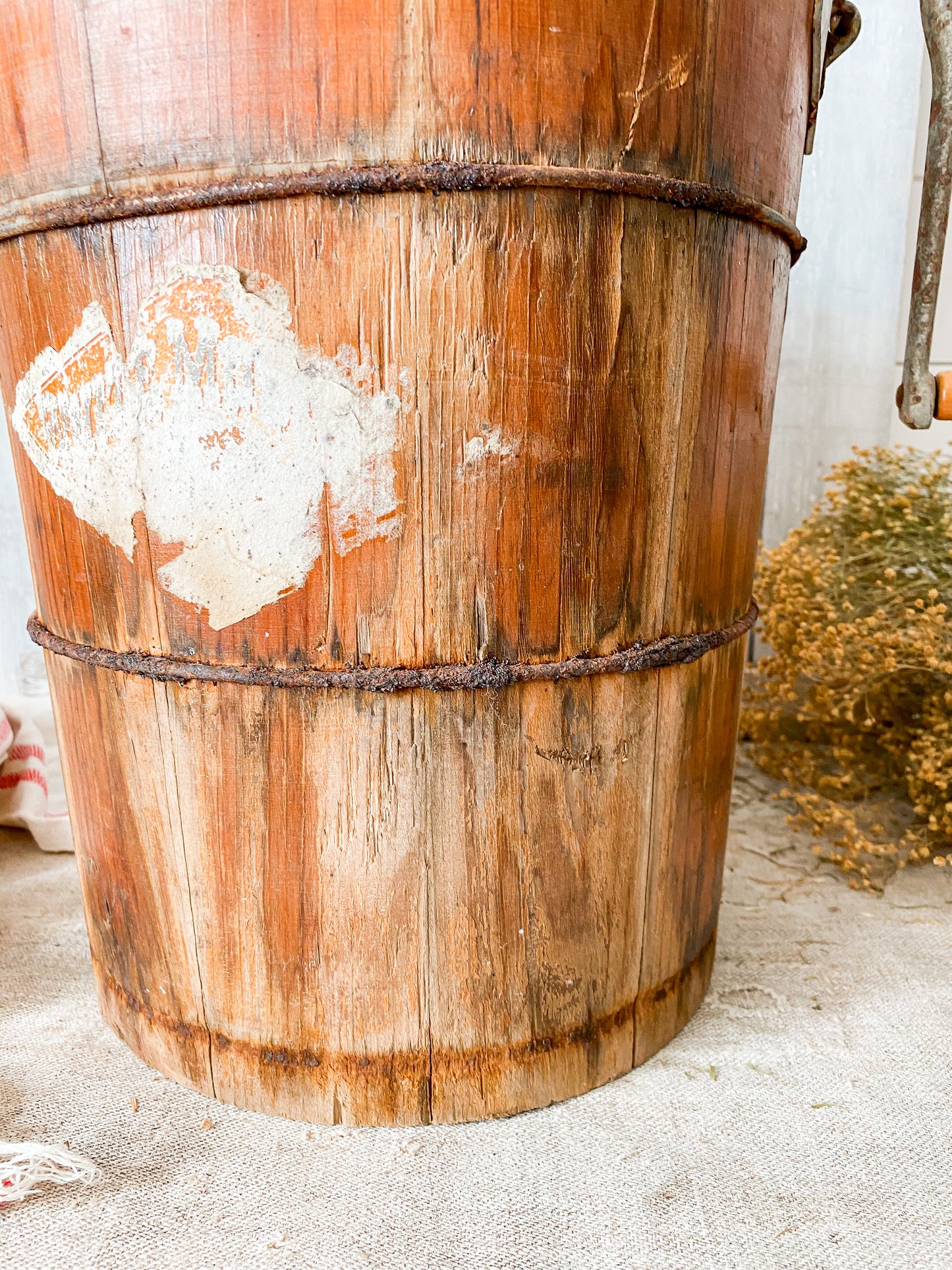 Vintage Wood Ice Cream Bucket with White Mountain Churn | Rustic Farmhouse Decor
