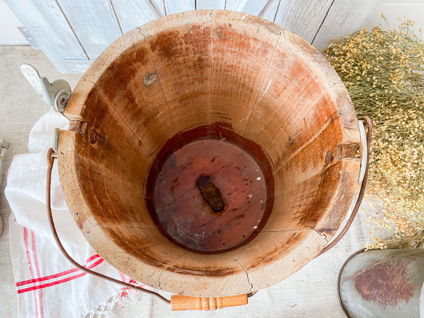 Vintage Wood Ice Cream Bucket with White Mountain Churn | Rustic Farmhouse Decor