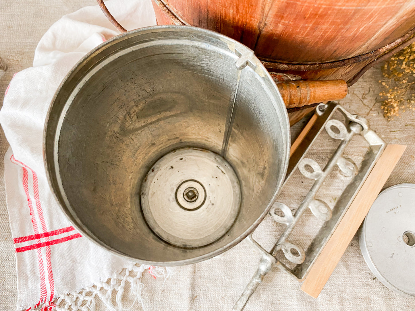 Vintage Wood Ice Cream Bucket with White Mountain Churn | Rustic Farmhouse Decor