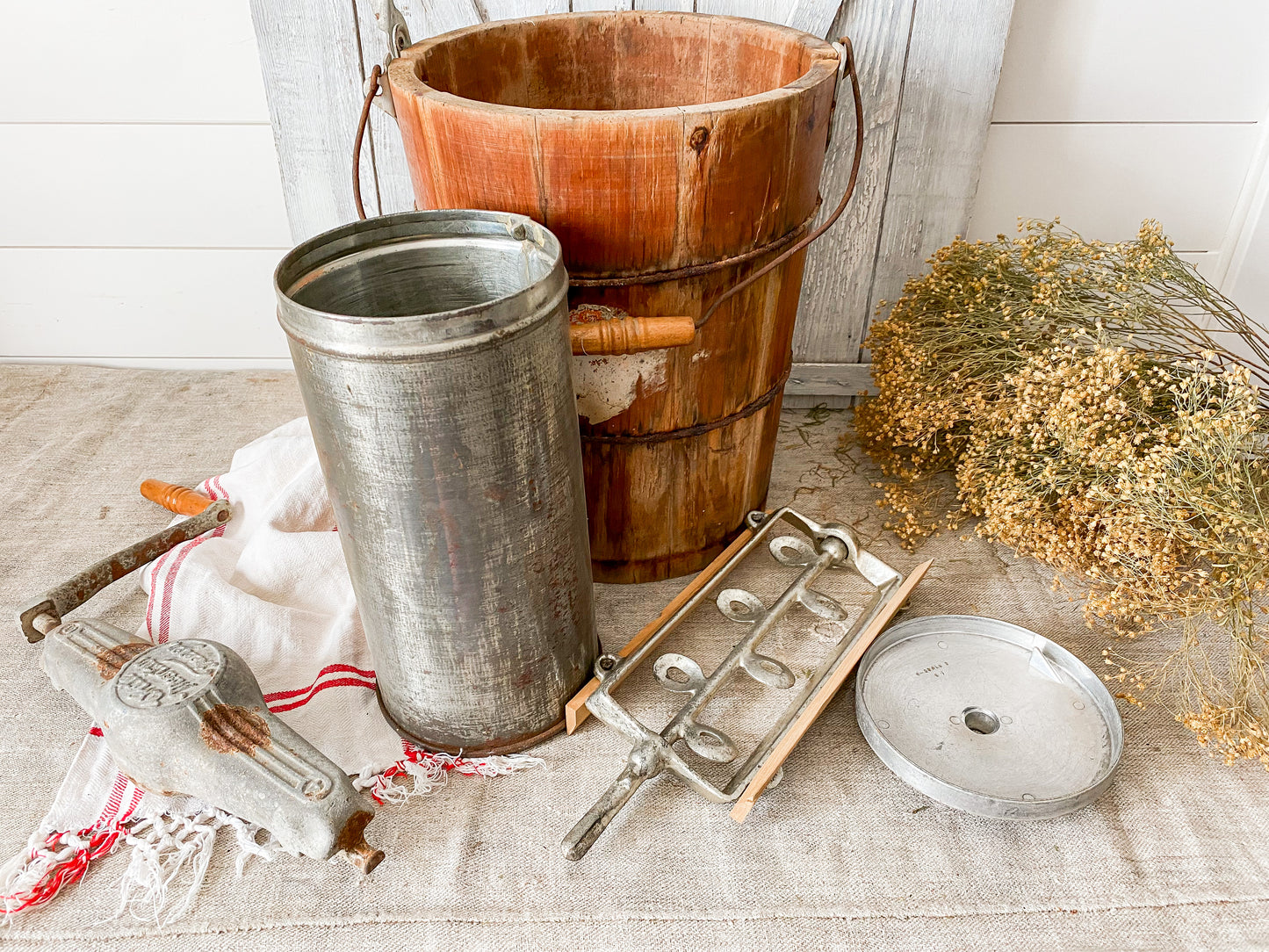 Vintage Wood Ice Cream Bucket with White Mountain Churn | Rustic Farmhouse Decor