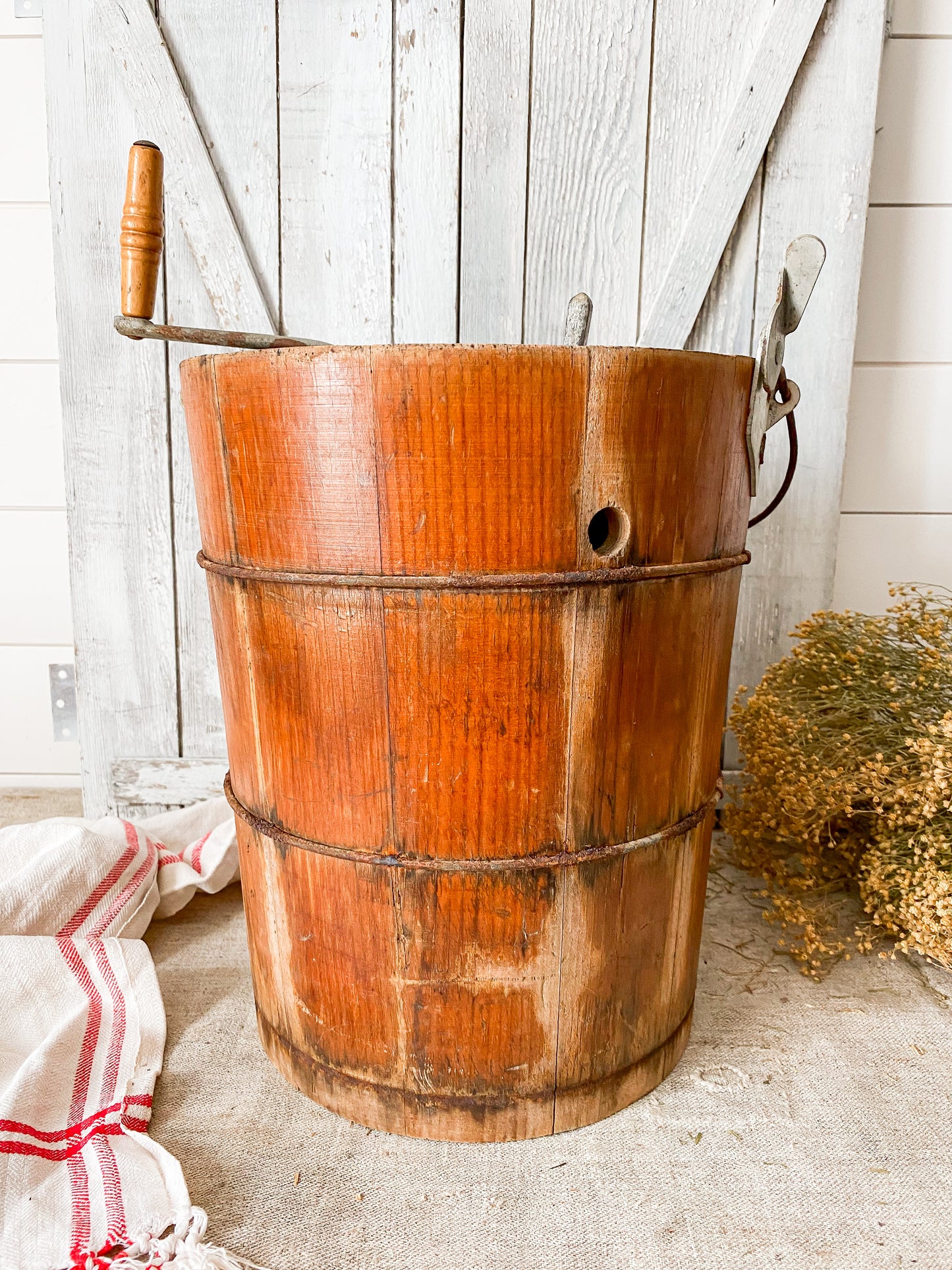 Vintage Wood Ice Cream Bucket with White Mountain Churn | Rustic Farmhouse Decor