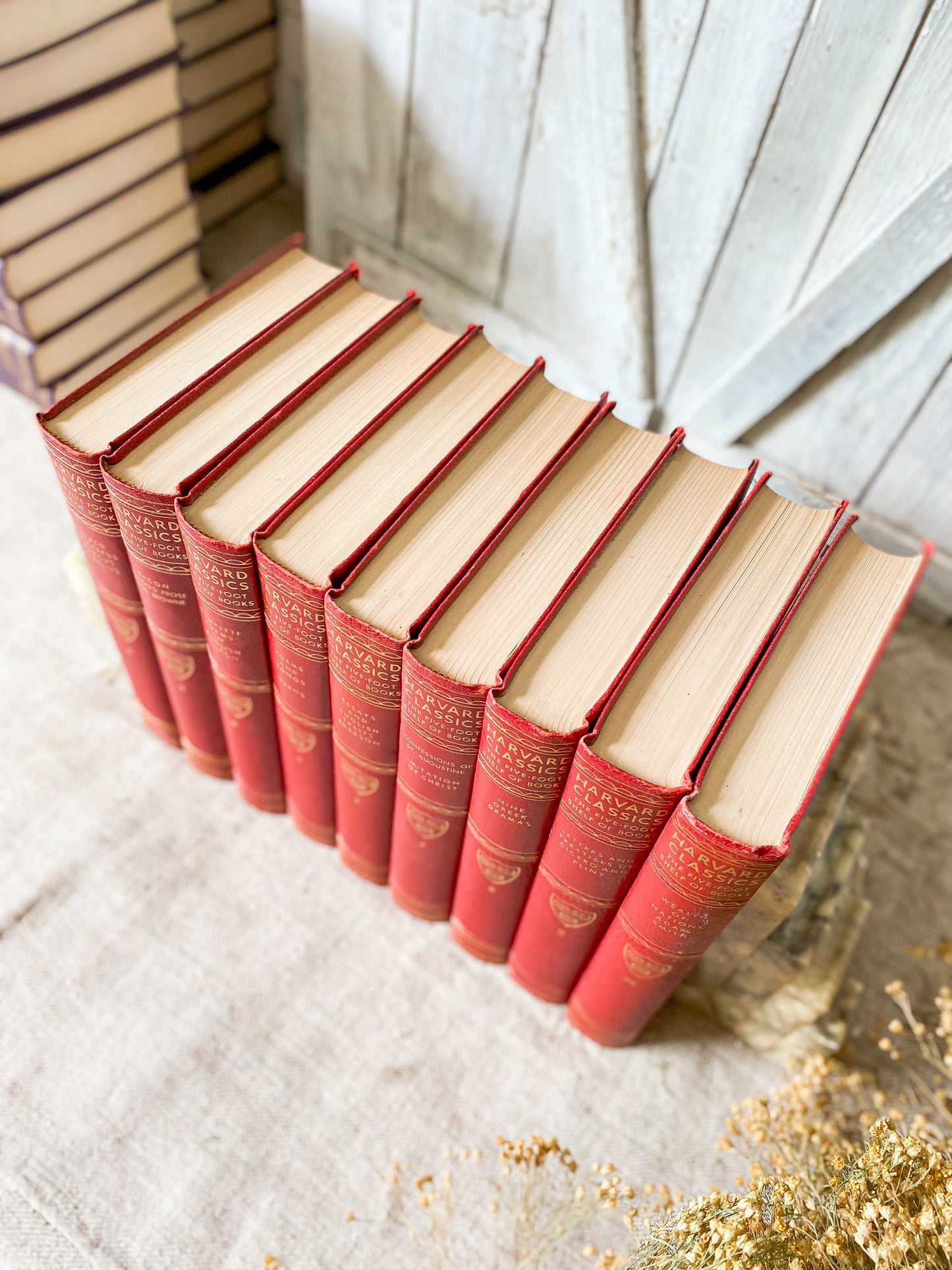 Vintage Set of 9 Red Harvard Classics Five-Foot Shelf of Books, 1959