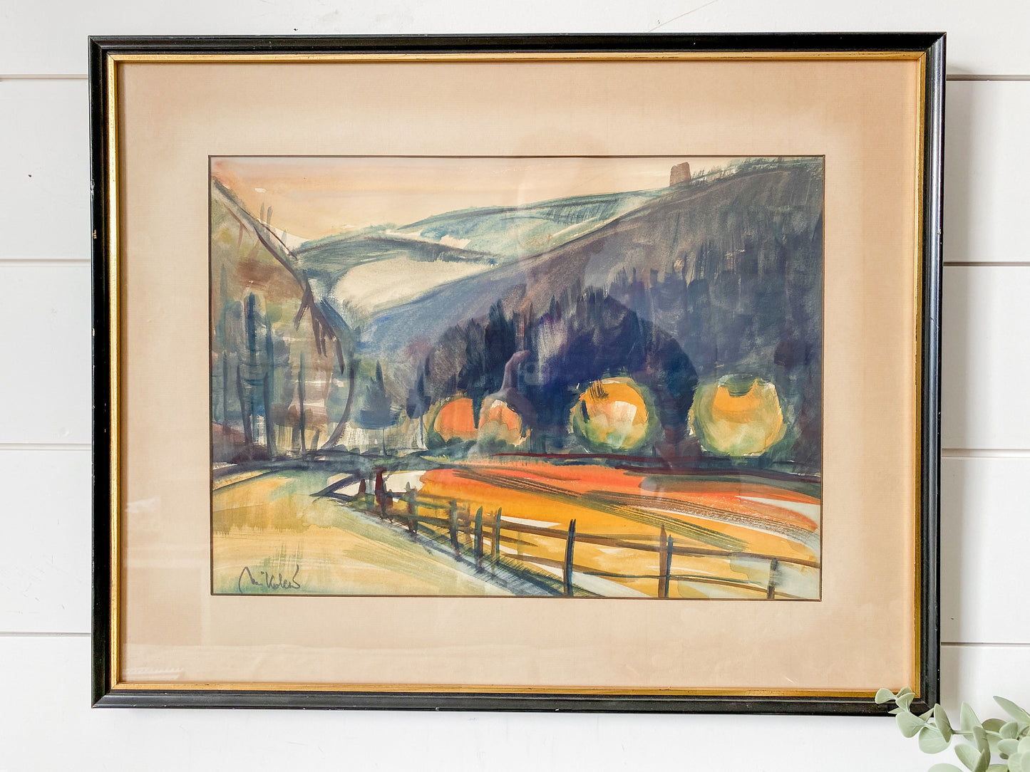 Vintage Framed Abstract Mountain Landscape Watercolor