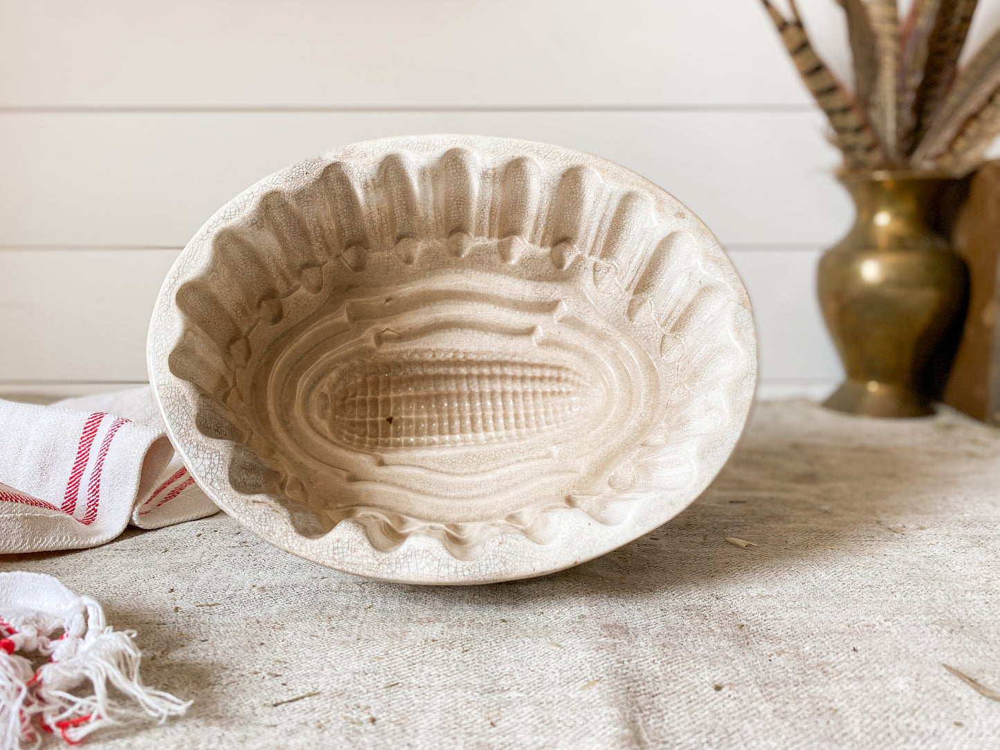Antique Heavily Stained Crazed Ironstone Jelly Mold | Corn Shaped Victorian Pudding Mold