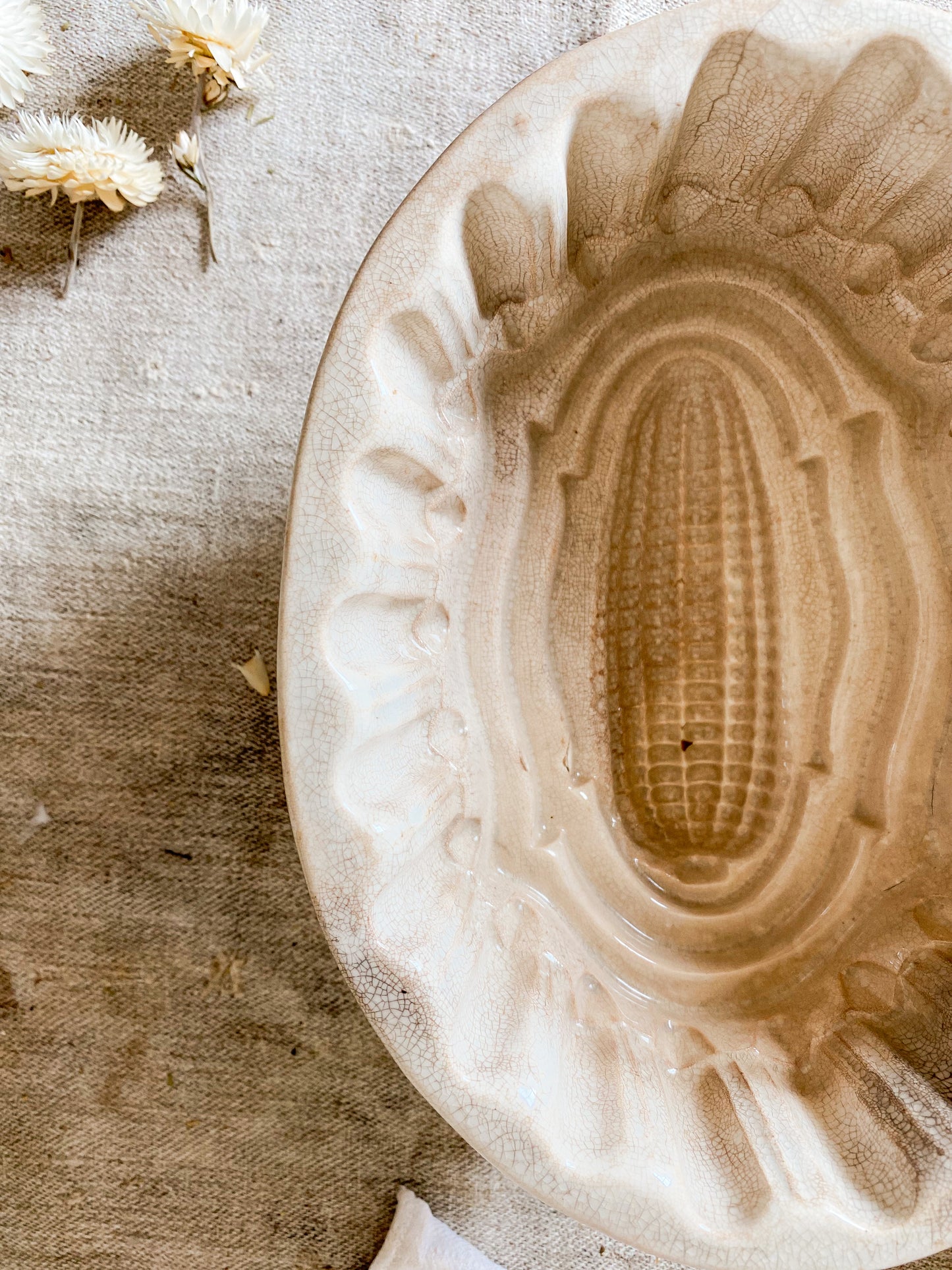 Antique Heavily Stained Crazed Ironstone Jelly Mold | Corn Shaped Victorian Pudding Mold
