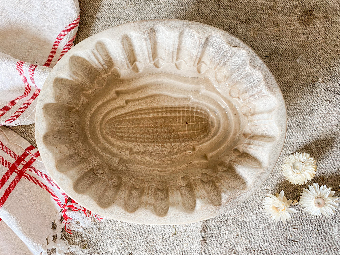 Antique Heavily Stained Crazed Ironstone Jelly Mold | Corn Shaped Victorian Pudding Mold