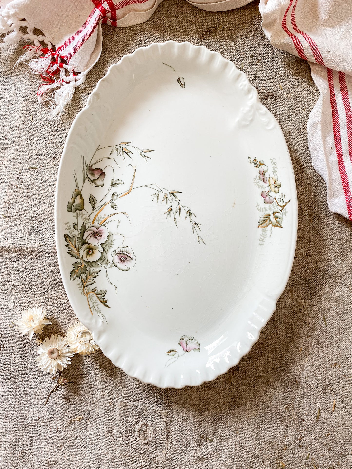 Antique Crazed Ironstone Platter with Poppies | John Edwards, England, c1880