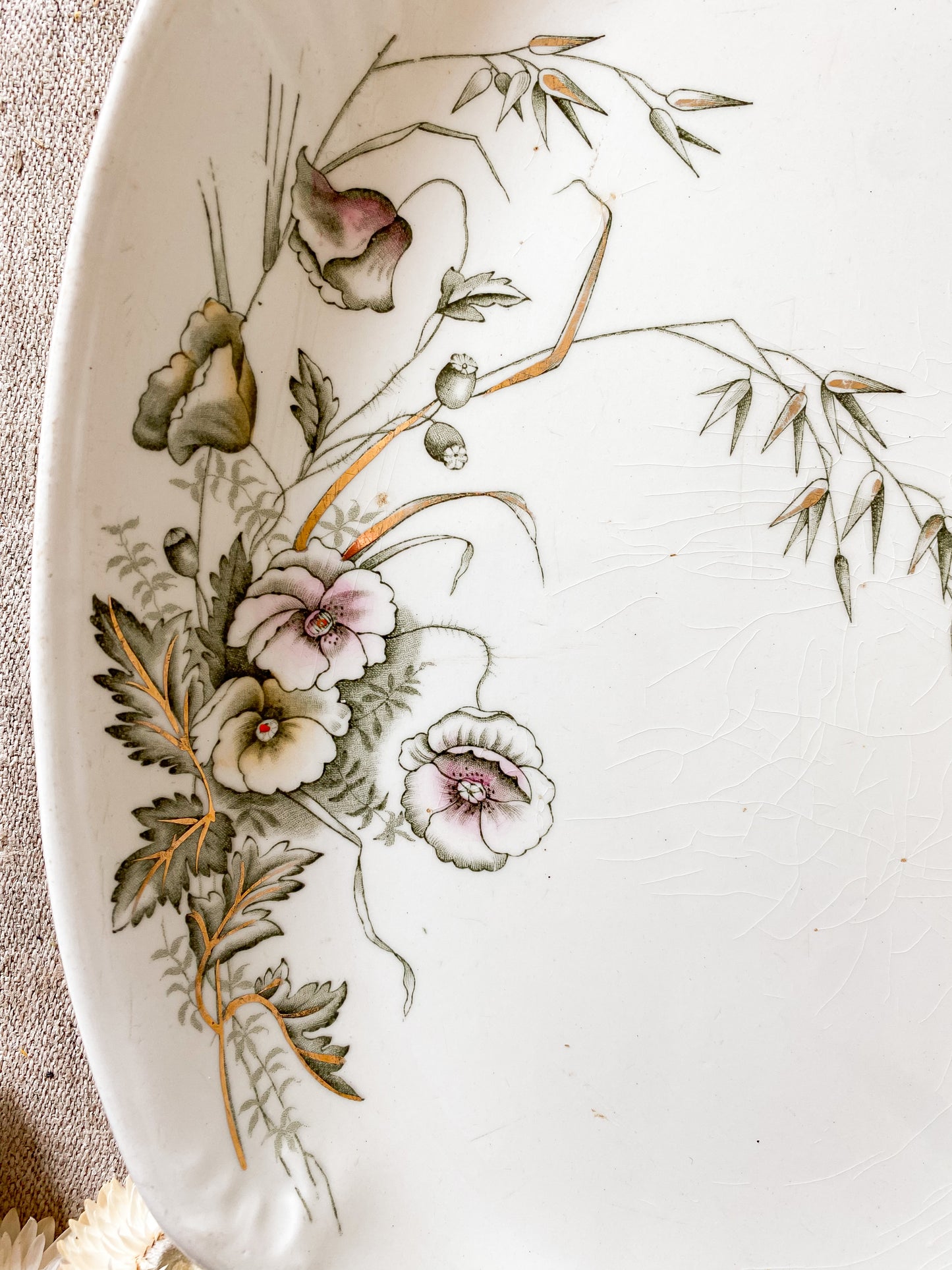 Antique Crazed Ironstone Platter with Poppies | John Edwards, England, c1880