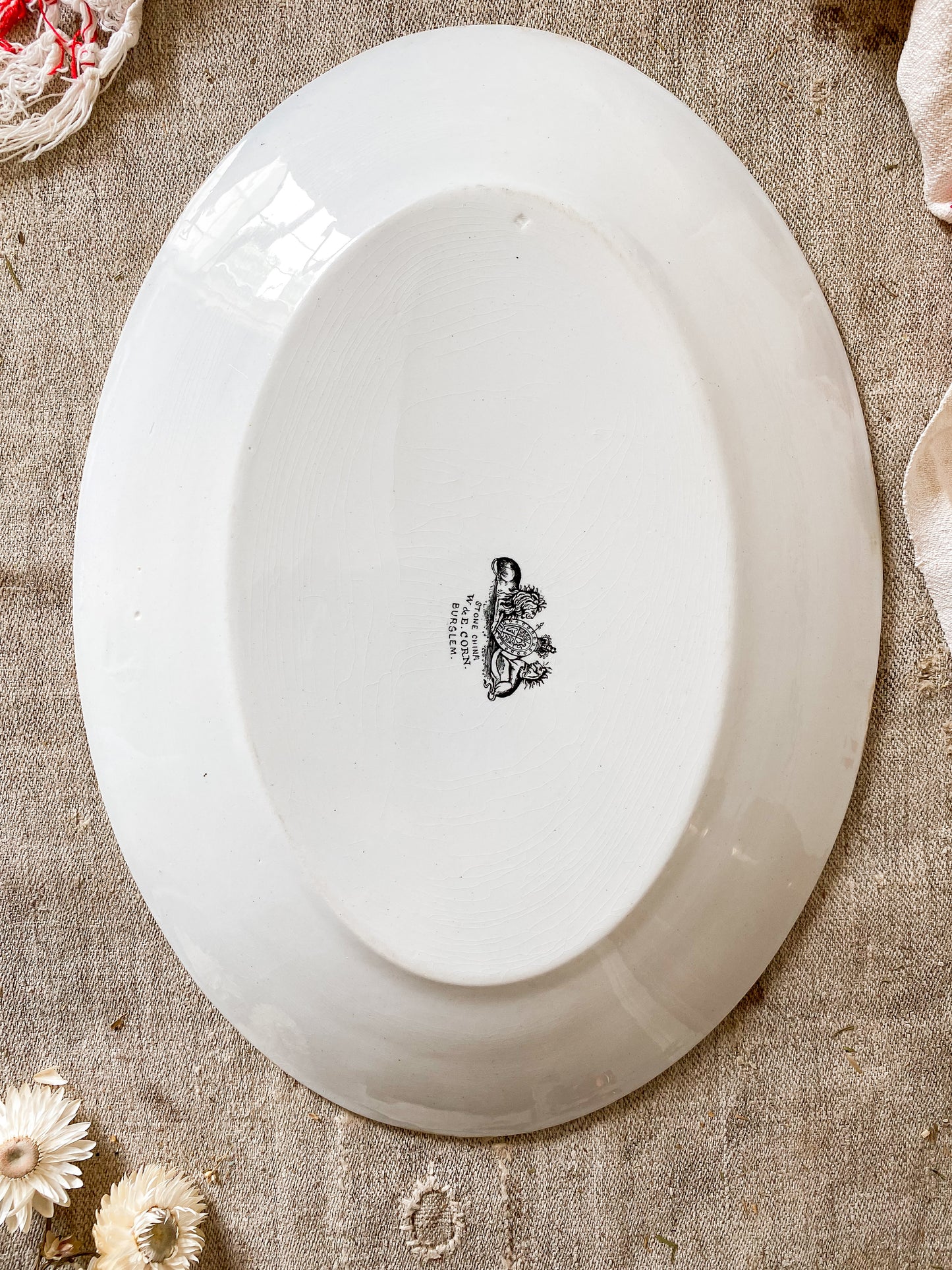 Antique White Ironstone Platter | Oriental Shape by W. & E. Corn, Burslem, England, c1880