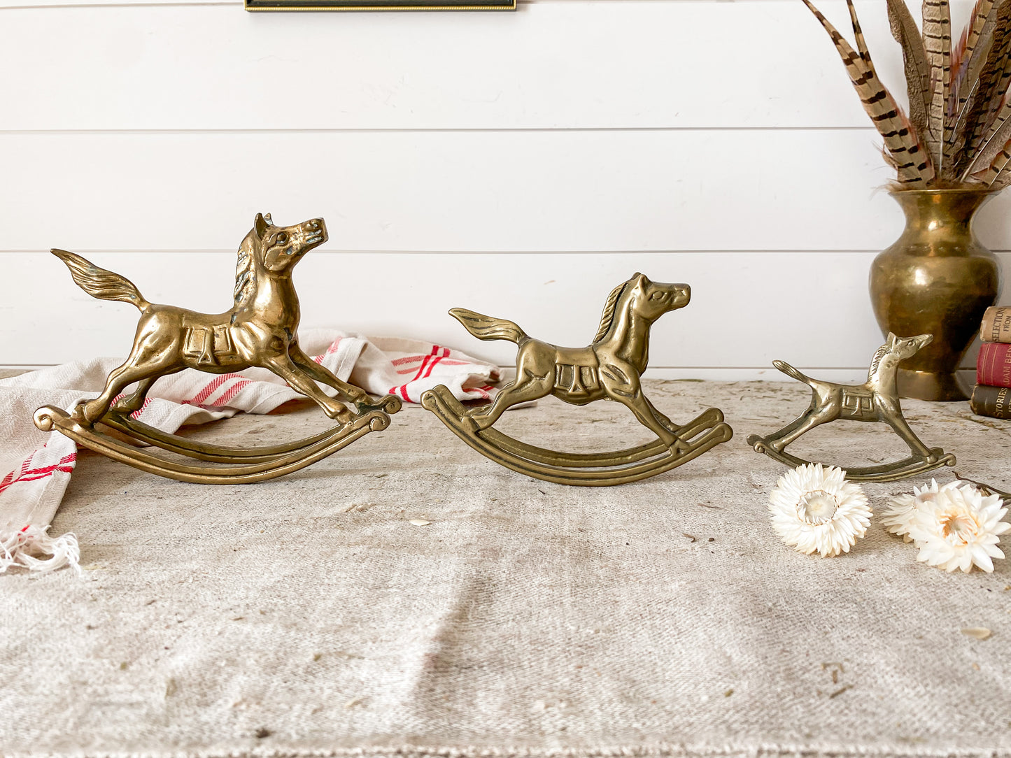 Vintage Set of 3 Brass Rocking Horses | Nursery Decor