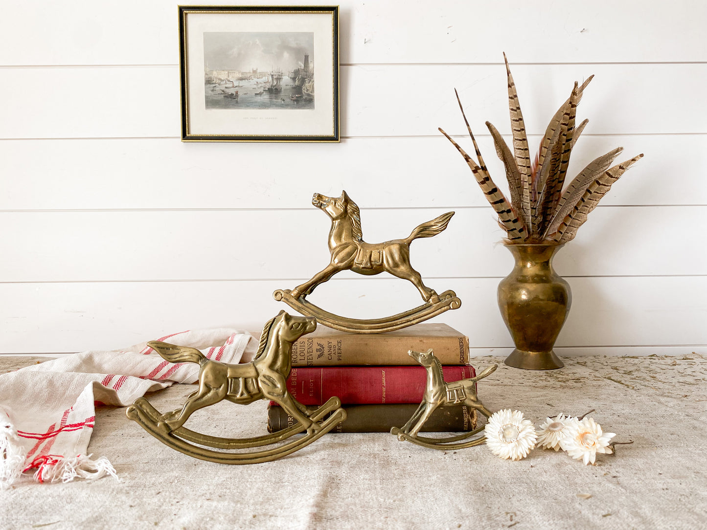 Vintage Set of 3 Brass Rocking Horses | Nursery Decor