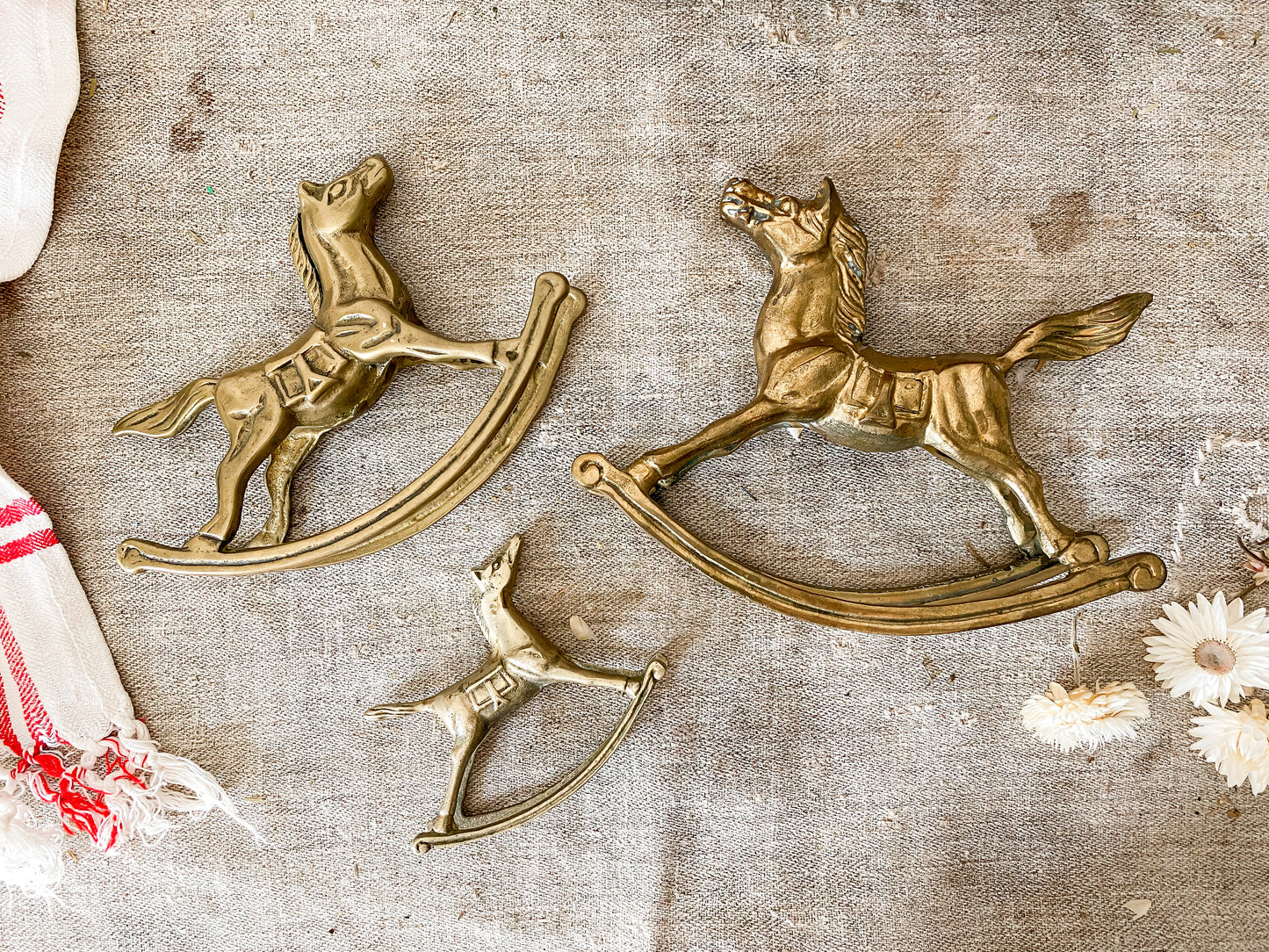 Vintage Set of 3 Brass Rocking Horses | Nursery Decor