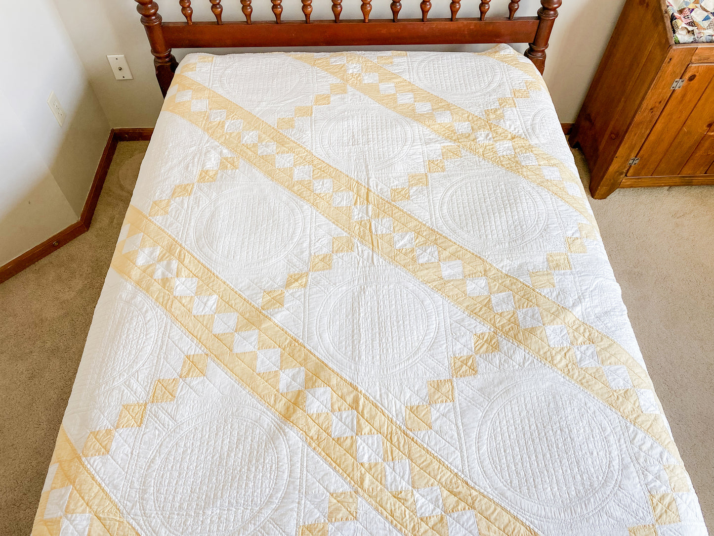 Vintage Yellow and White Jacob's Ladder Quilt