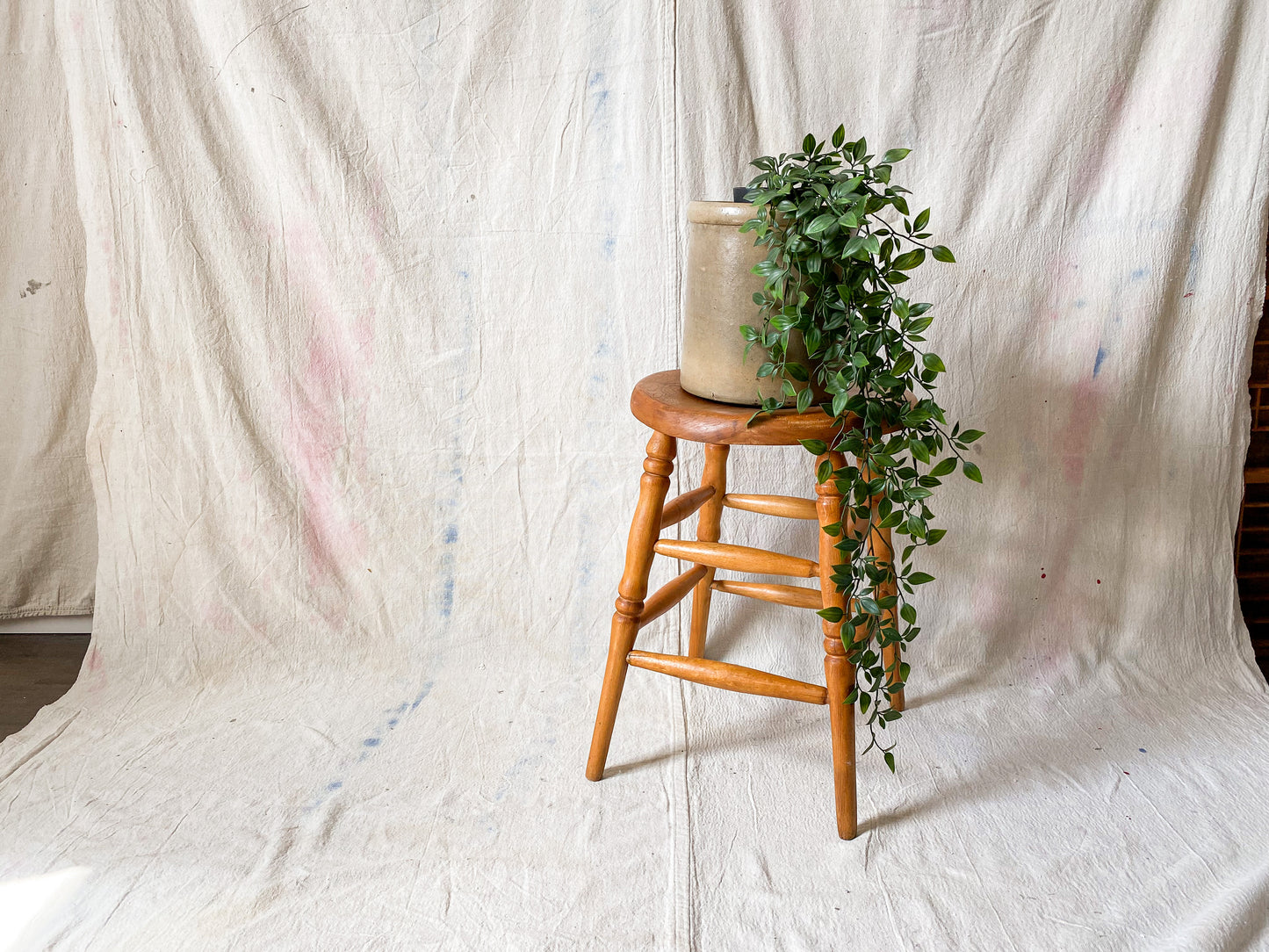 Vintage Solid Oak Mini Bar Stool | Earth Tones Wood Plant Stand | Rustic Farmhouse Side Table