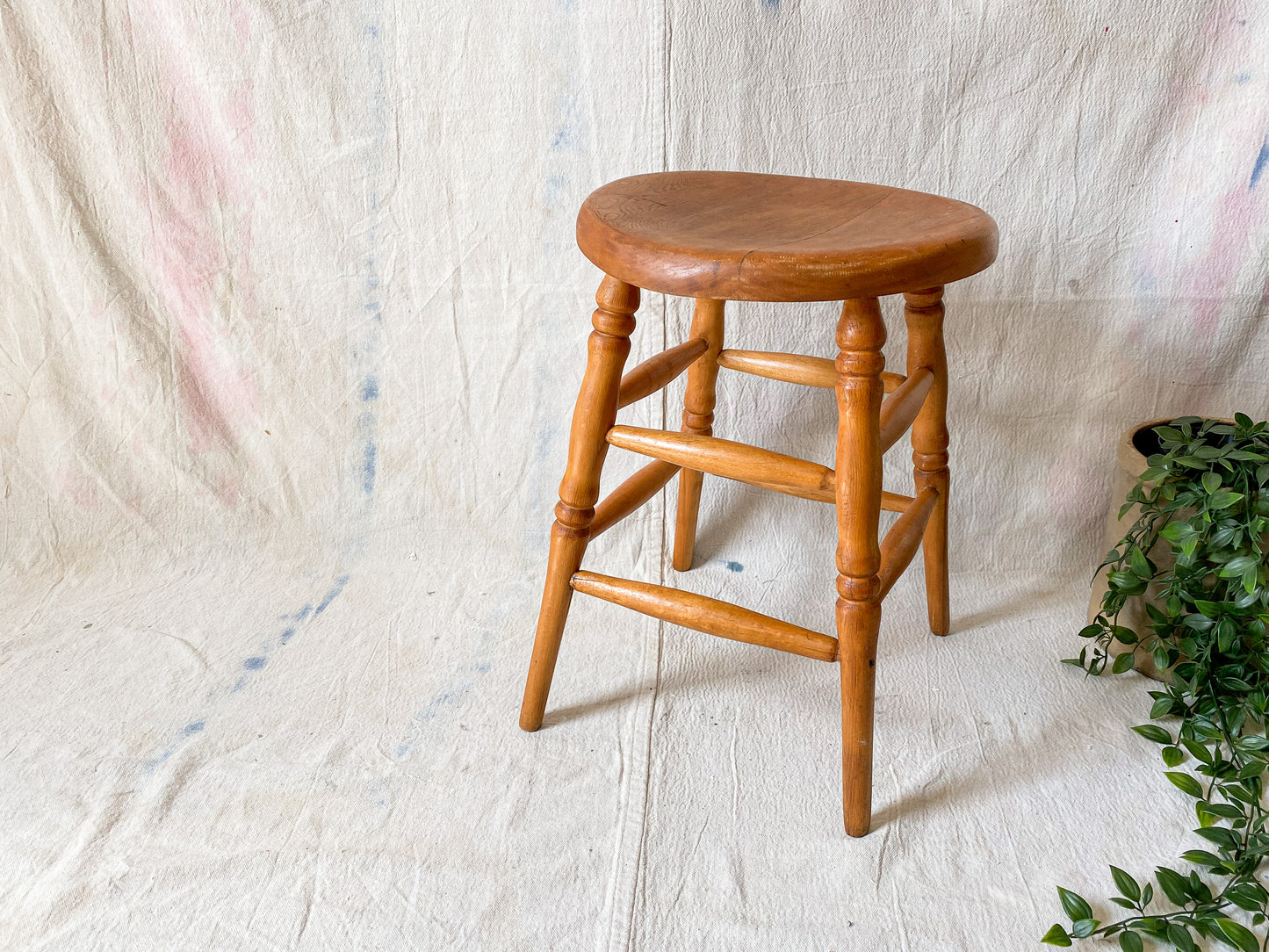 Vintage Solid Oak Mini Bar Stool | Earth Tones Wood Plant Stand | Rustic Farmhouse Side Table
