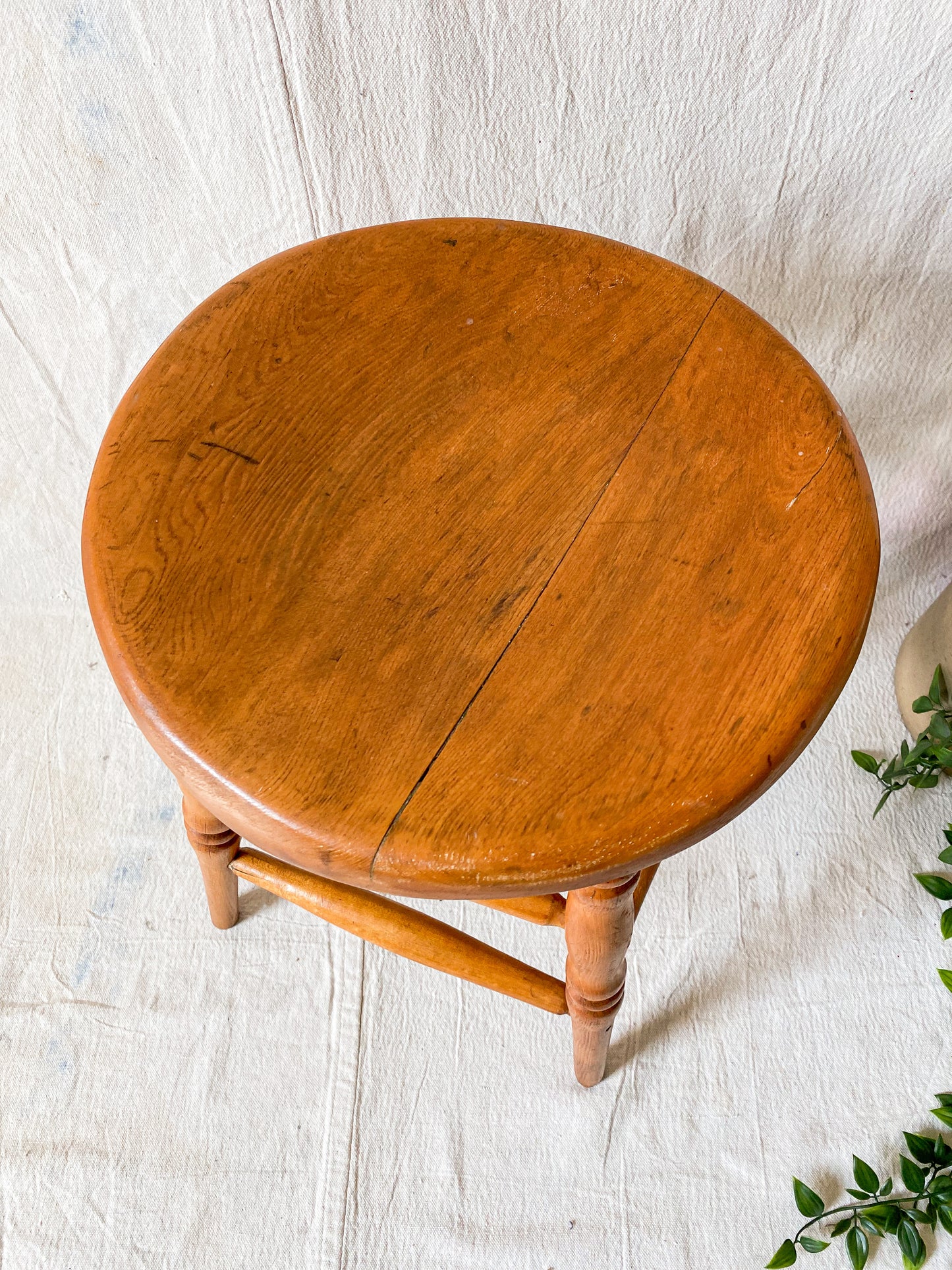 Vintage Solid Oak Mini Bar Stool | Earth Tones Wood Plant Stand | Rustic Farmhouse Side Table