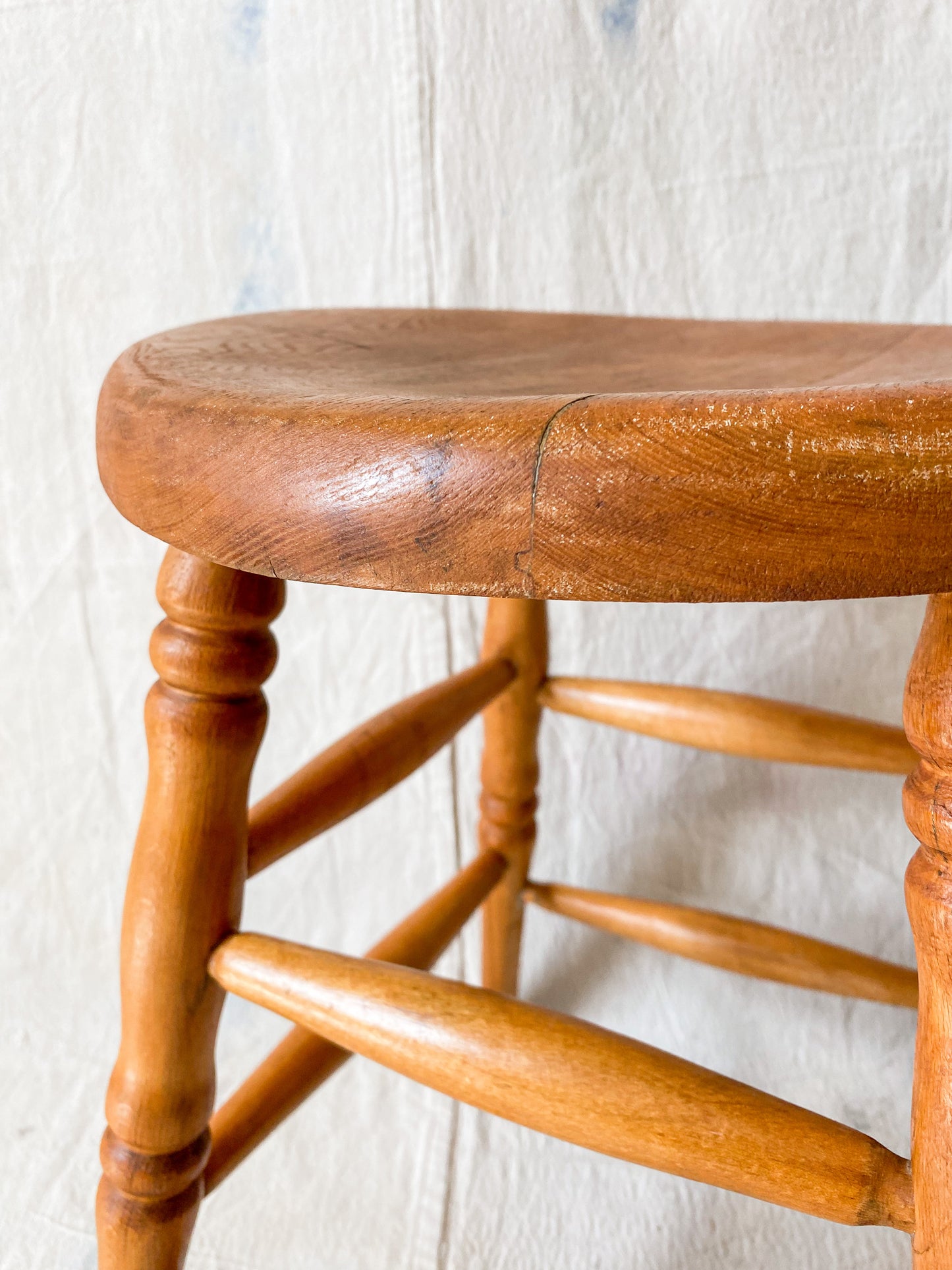 Vintage Solid Oak Mini Bar Stool | Earth Tones Wood Plant Stand | Rustic Farmhouse Side Table