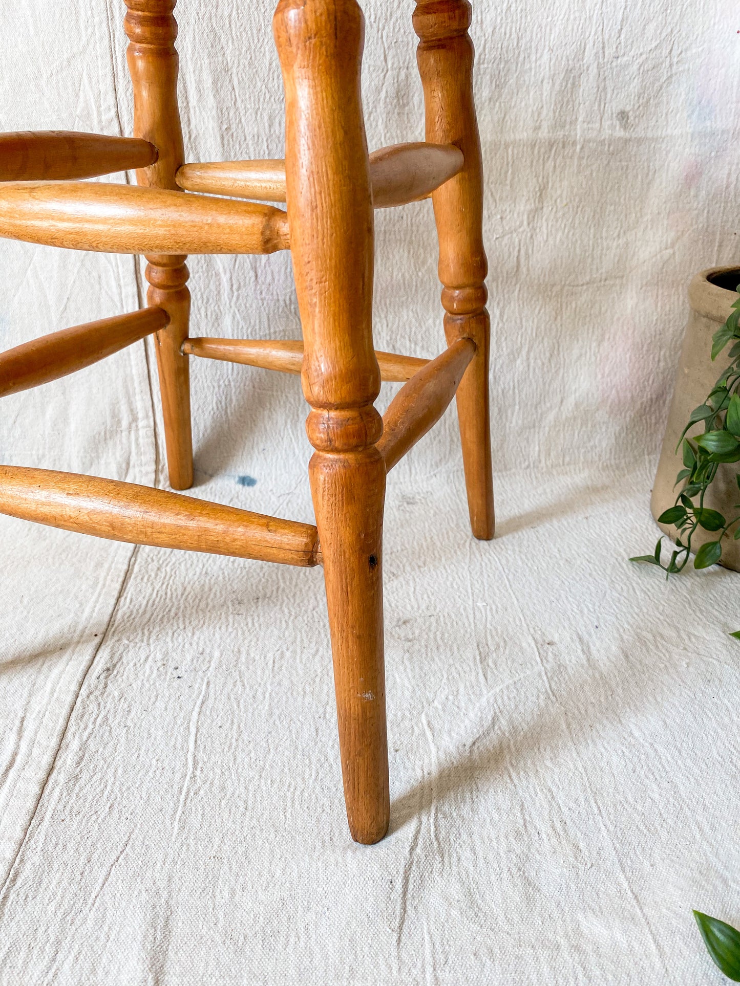 Vintage Solid Oak Mini Bar Stool | Earth Tones Wood Plant Stand | Rustic Farmhouse Side Table
