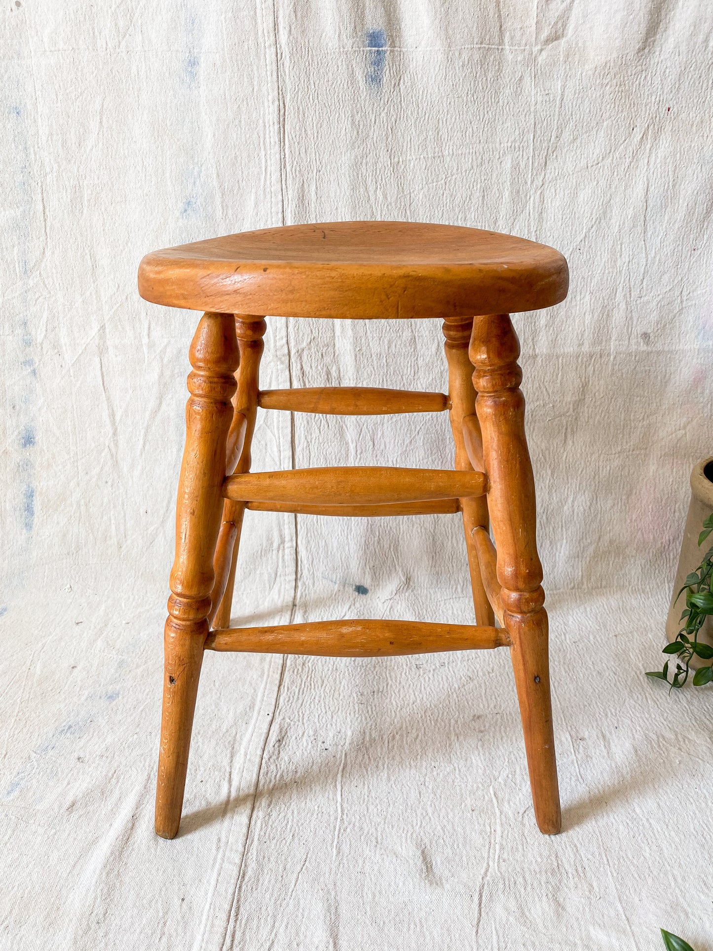 Vintage Solid Oak Mini Bar Stool | Earth Tones Wood Plant Stand | Rustic Farmhouse Side Table