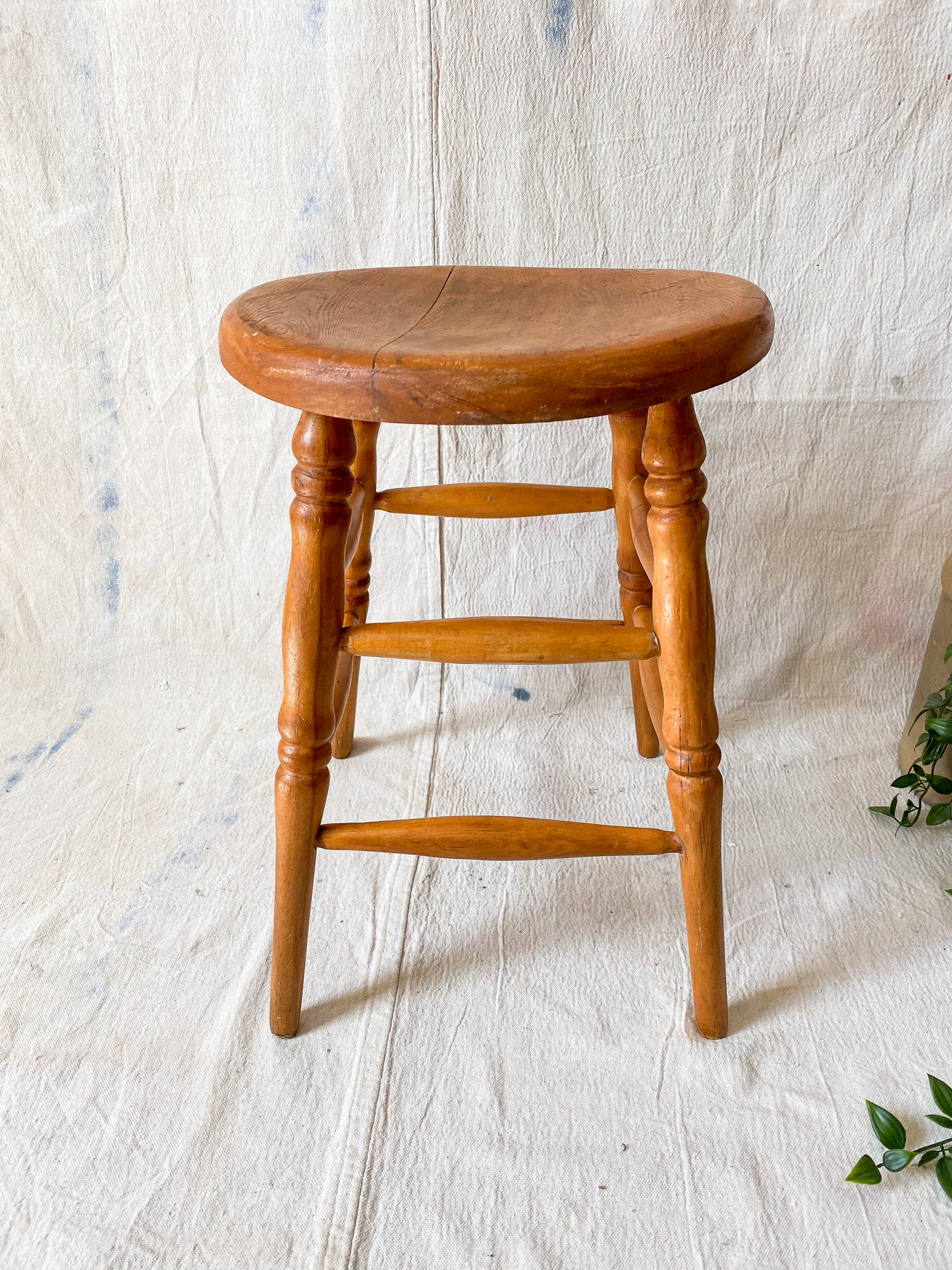 Vintage Solid Oak Mini Bar Stool | Earth Tones Wood Plant Stand | Rustic Farmhouse Side Table