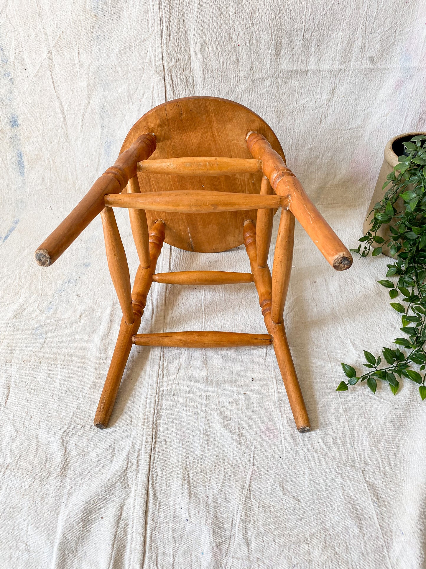 Vintage Solid Oak Mini Bar Stool | Earth Tones Wood Plant Stand | Rustic Farmhouse Side Table