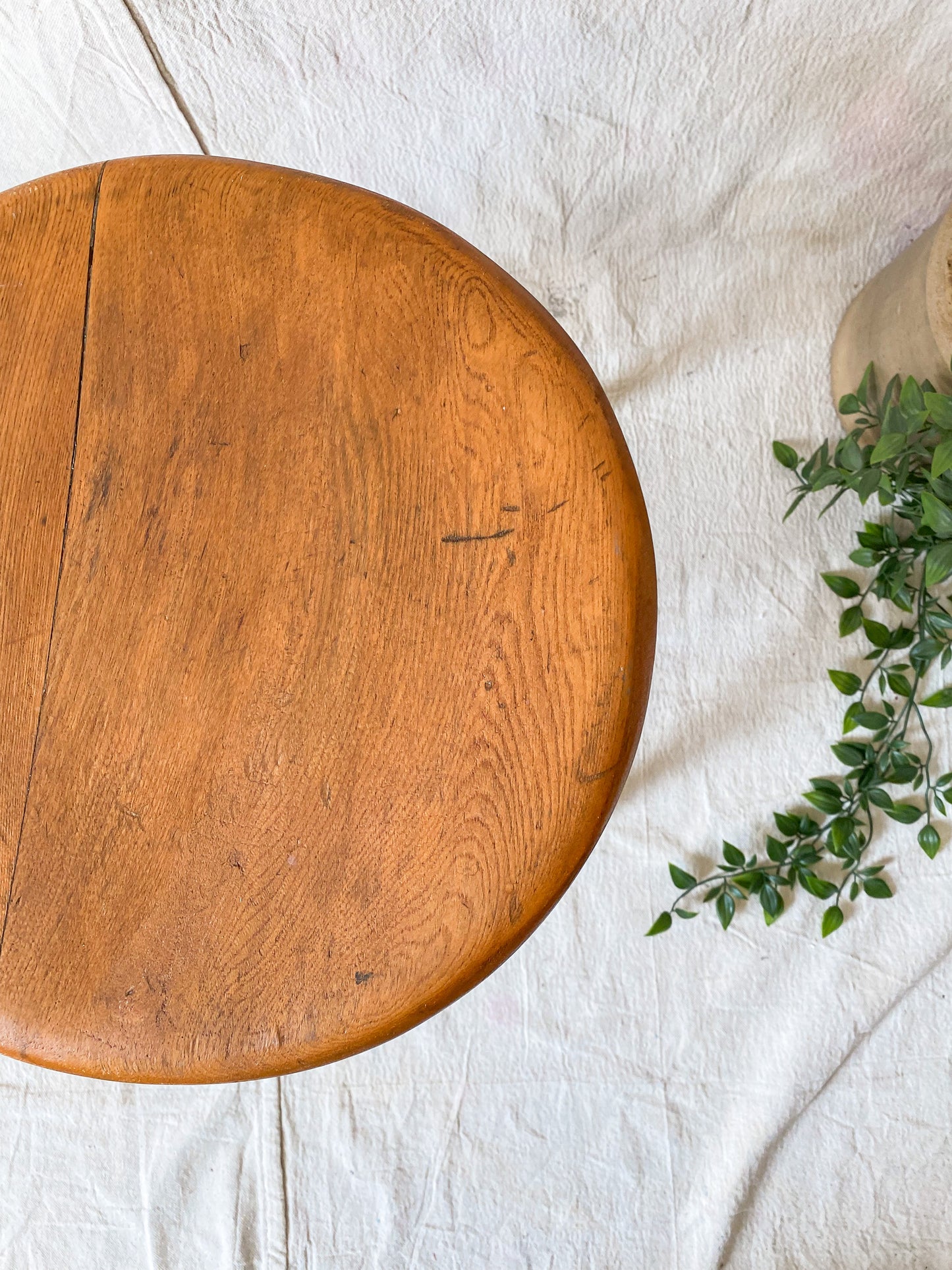 Vintage Solid Oak Mini Bar Stool | Earth Tones Wood Plant Stand | Rustic Farmhouse Side Table