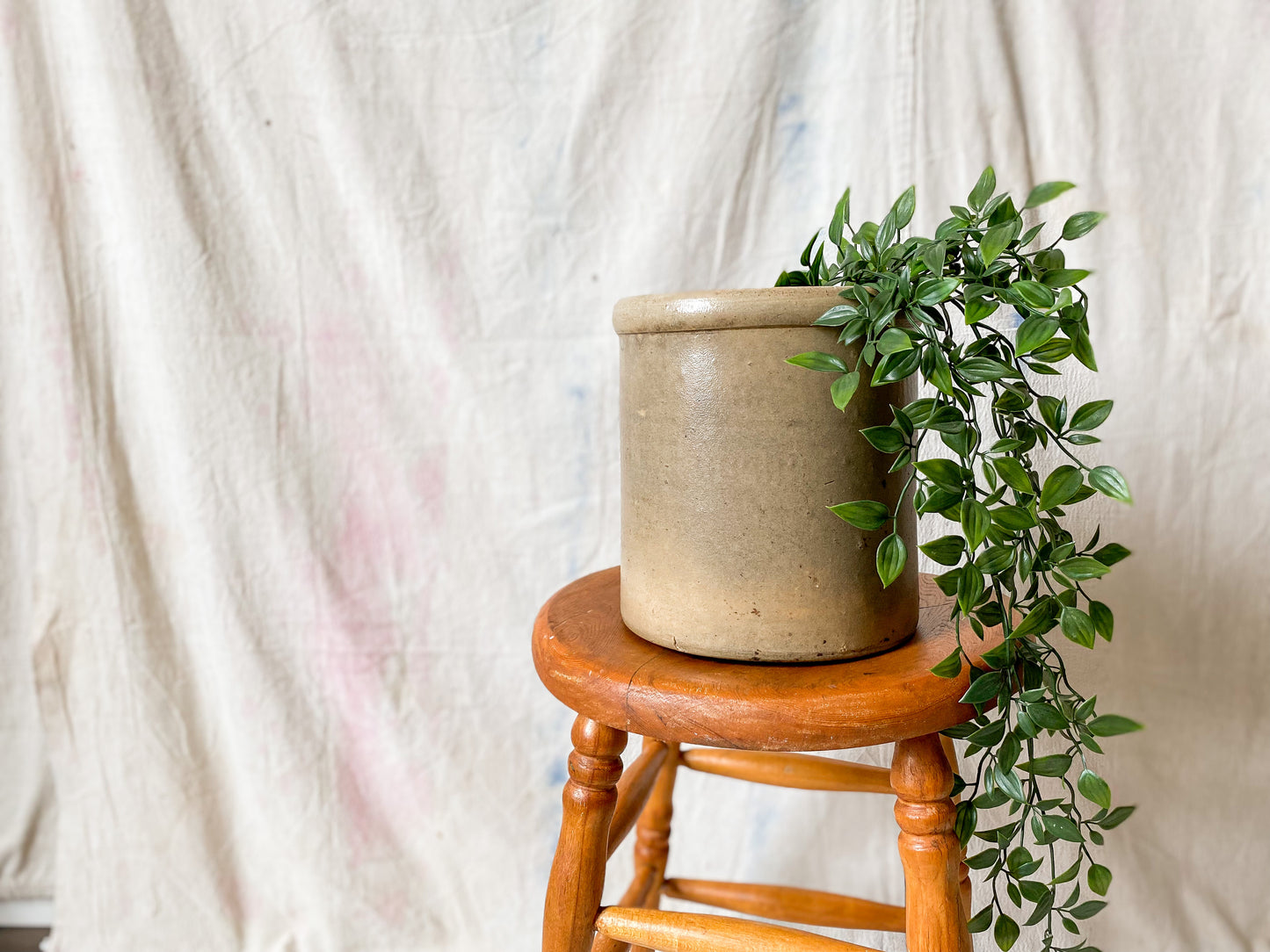 Antique Primitive Greige Salt Glazed Crock | Rustic Farmhouse Kitchen | Antique Stoneware Jar