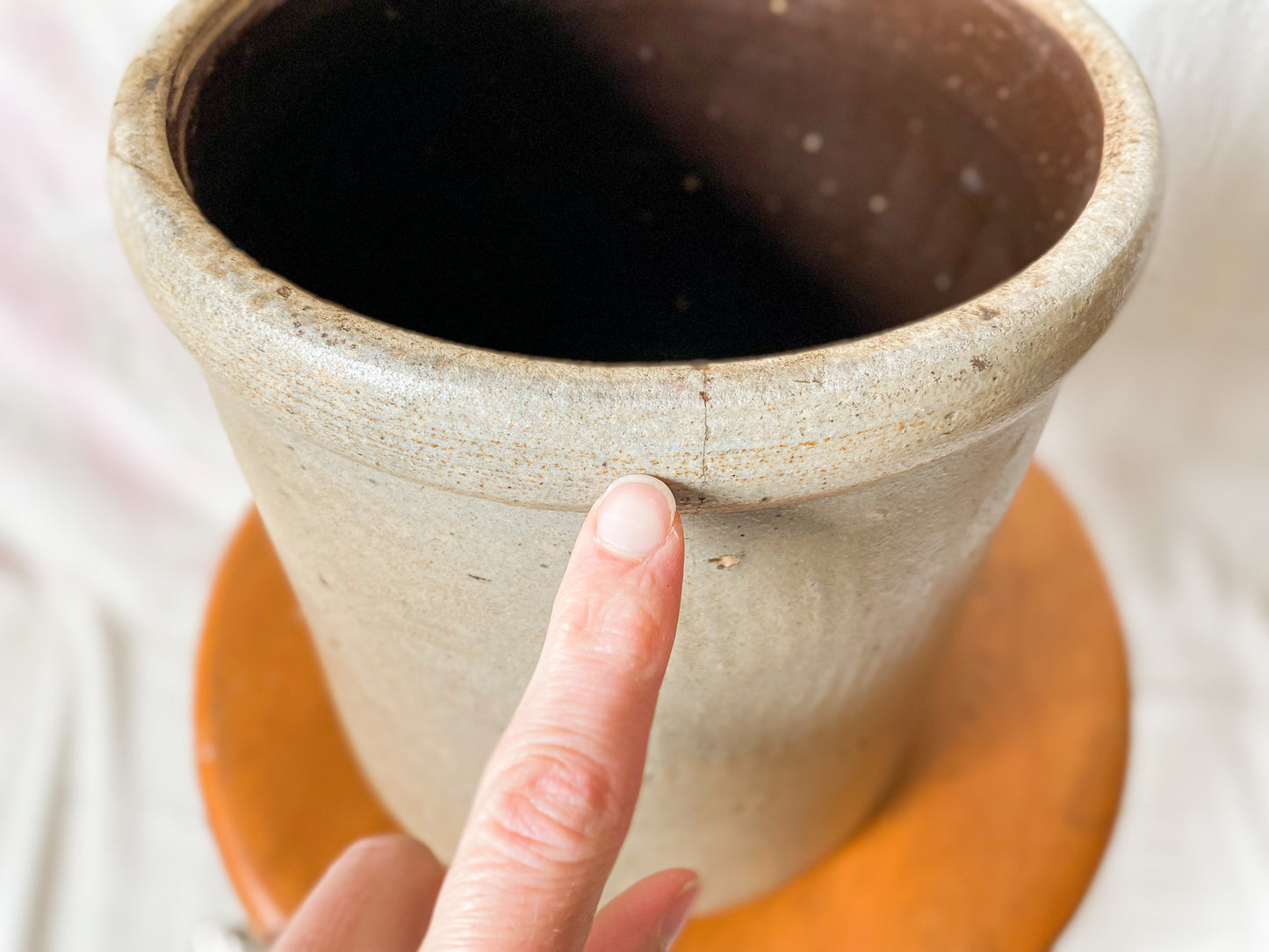 Antique Primitive Greige Salt Glazed Crock | Rustic Farmhouse Kitchen | Antique Stoneware Jar