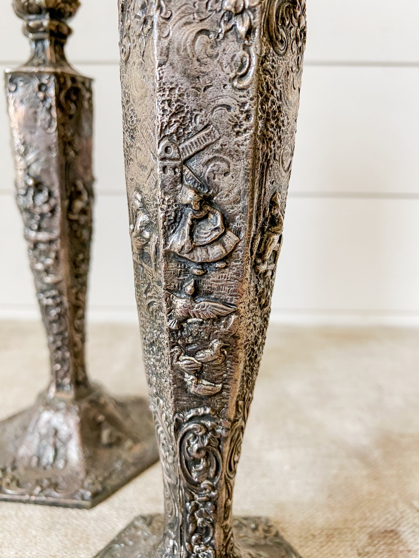Vintage Weidlich Brothers Dutch Windmill Repousse Silver Plate Candle Stick Holders Pair