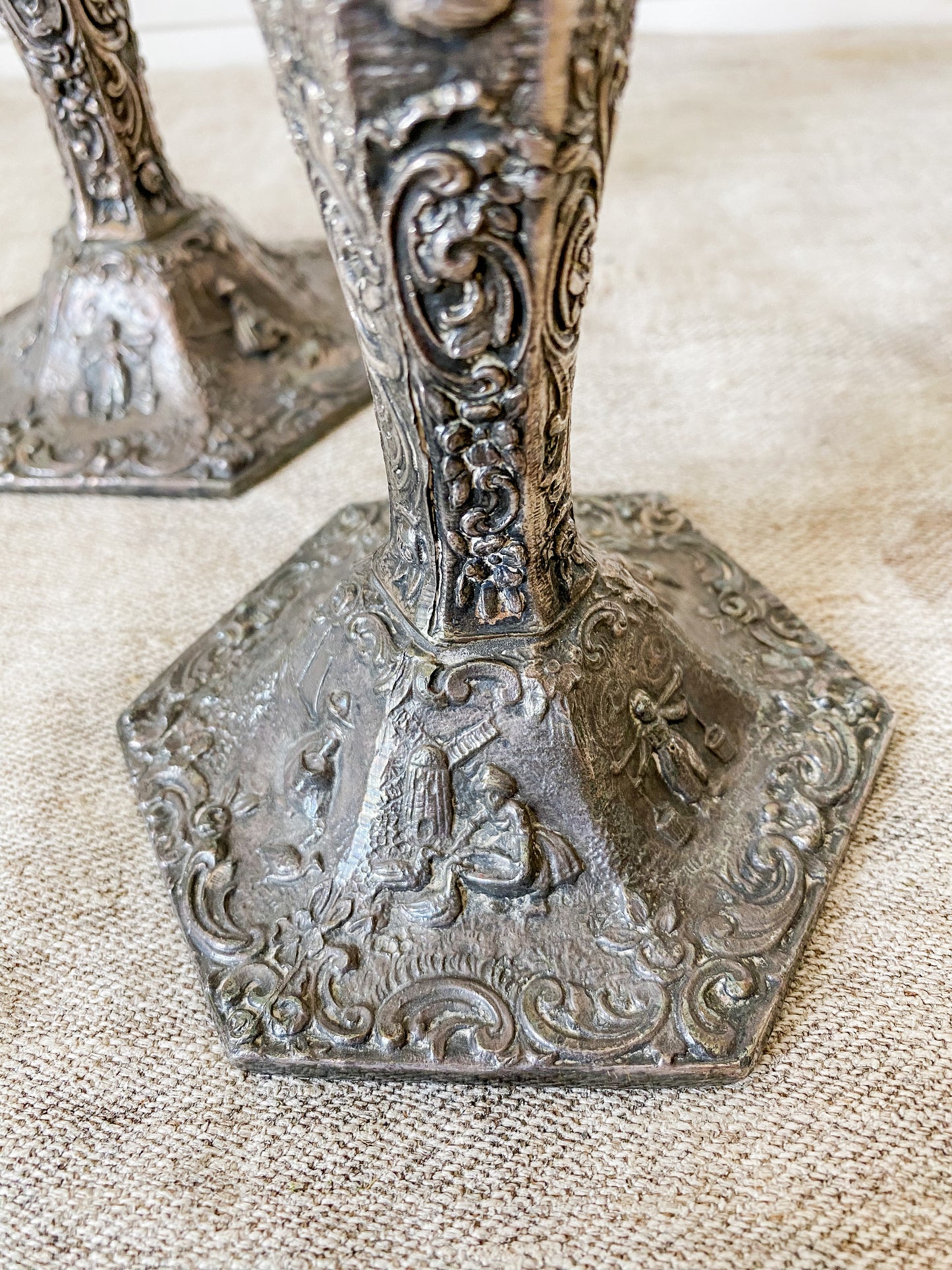 Vintage Weidlich Brothers Dutch Windmill Repousse Silver Plate Candle Stick Holders Pair