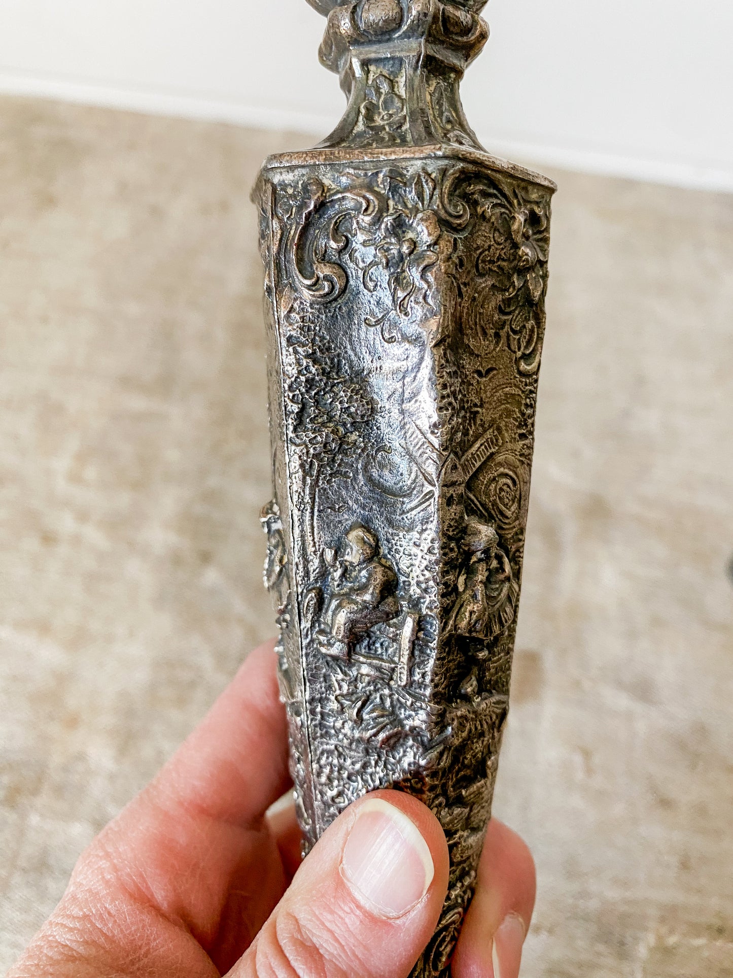 Vintage Weidlich Brothers Dutch Windmill Repousse Silver Plate Candle Stick Holders Pair