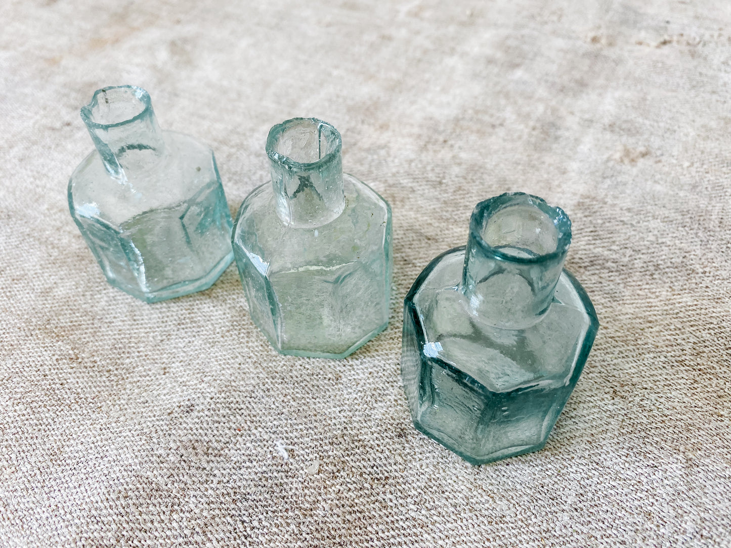 Set of 3 Antique Aqua Glass English Inkwells