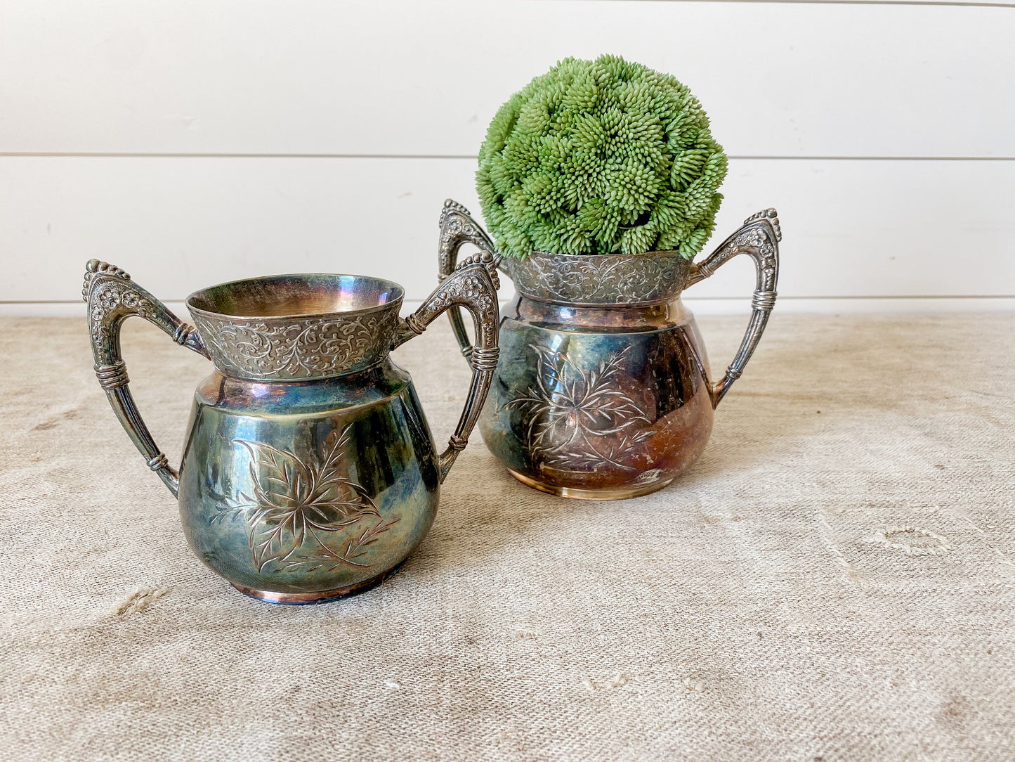 Set of Two Antique Etched Silverplate Sugar Bowls with Trophy Handles