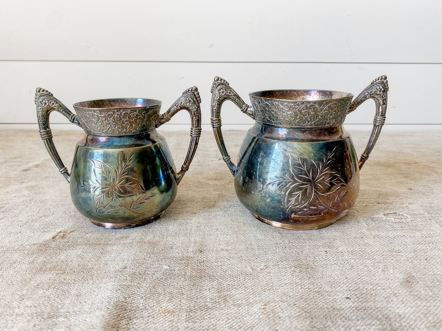 Set of Two Antique Etched Silverplate Sugar Bowls with Trophy Handles