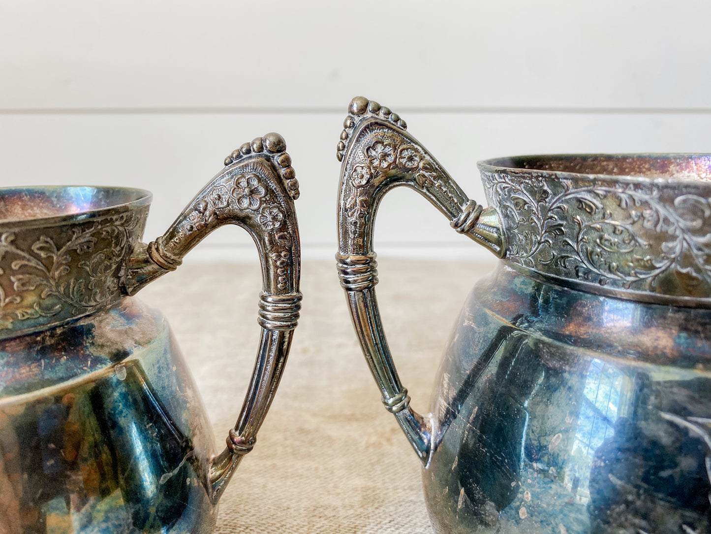 Set of Two Antique Etched Silverplate Sugar Bowls with Trophy Handles