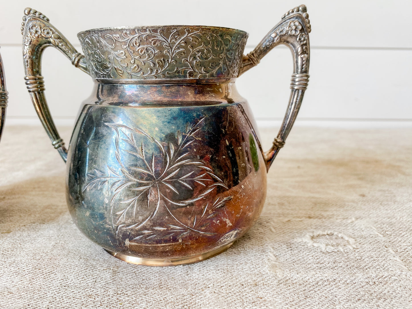 Set of Two Antique Etched Silverplate Sugar Bowls with Trophy Handles