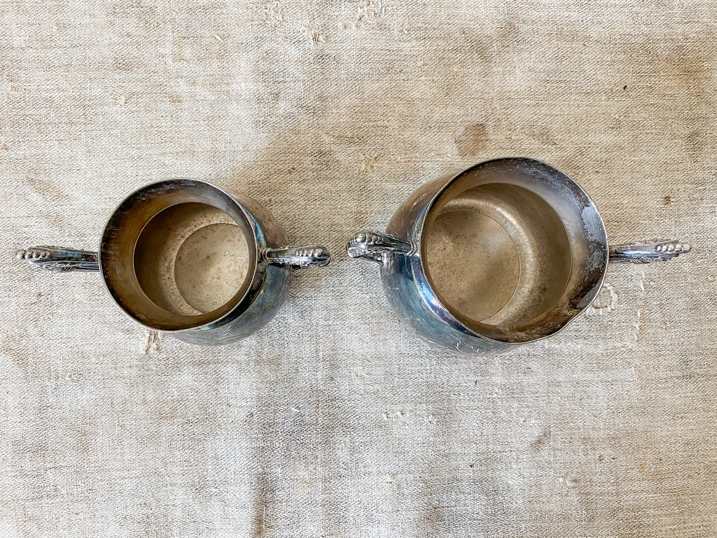 Set of Two Antique Etched Silverplate Sugar Bowls with Trophy Handles